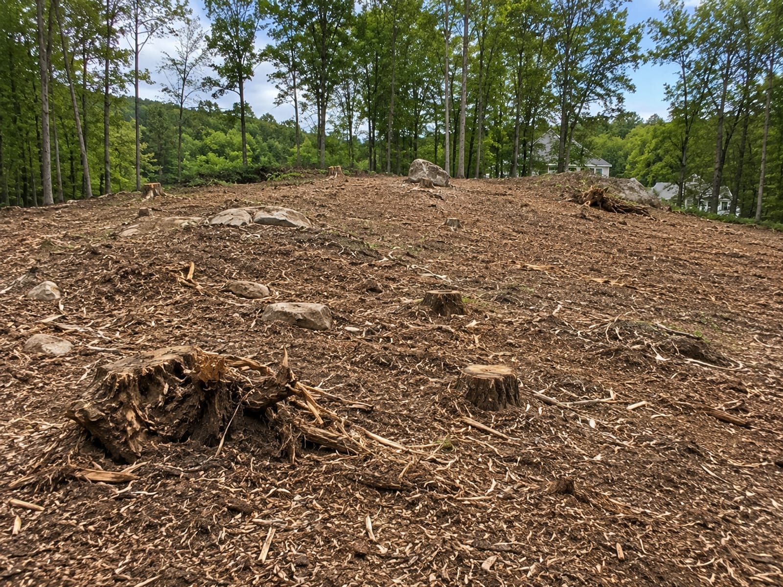 Freshly cleared wooded residential lot in Connecticut with mulched ground cover, felled tree debris, and visible stumps on a sloped rocky hillside
