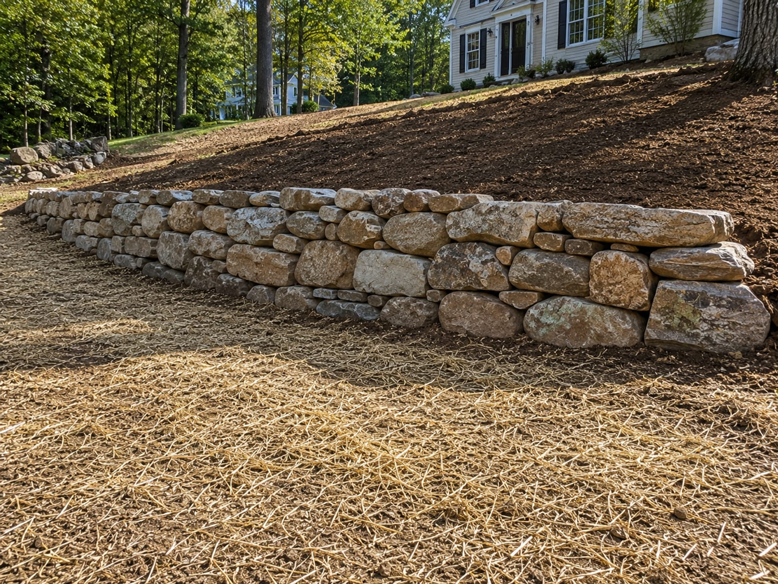 Completed dry-stacked fieldstone retaining wall on a sloped Connecticut residential property with fresh topsoil behind it and a graded lawn area below