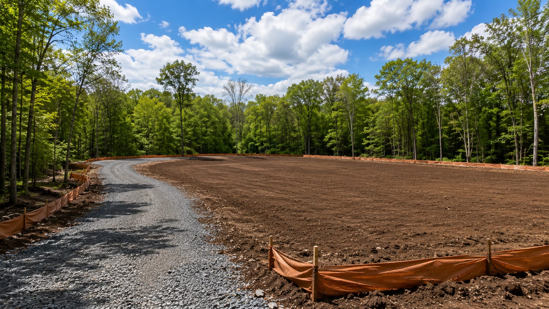 Wide panoramic before and after style view of a cleared and graded lot with gravel drive access and surrounding woodland in Connecticut