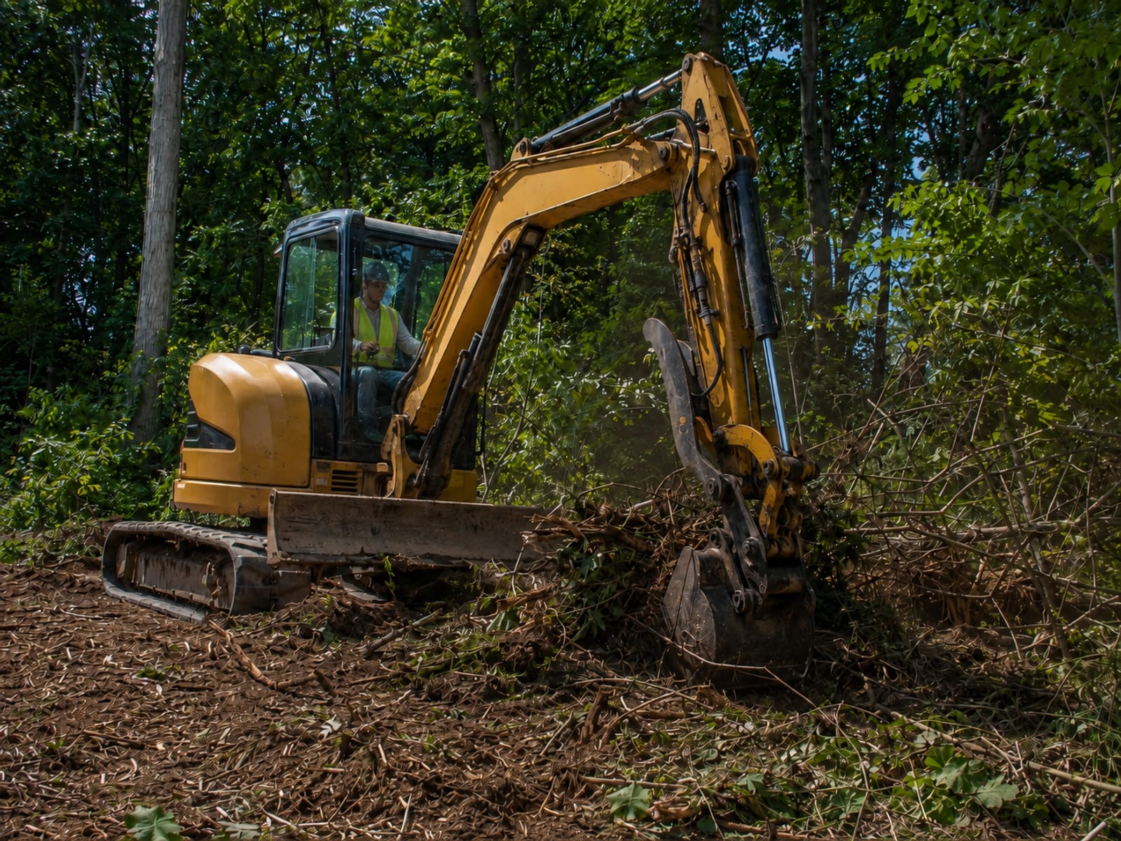 Compact yellow tracked excavator working at the edge of a wooded lot grinding brush and small trees into mulch