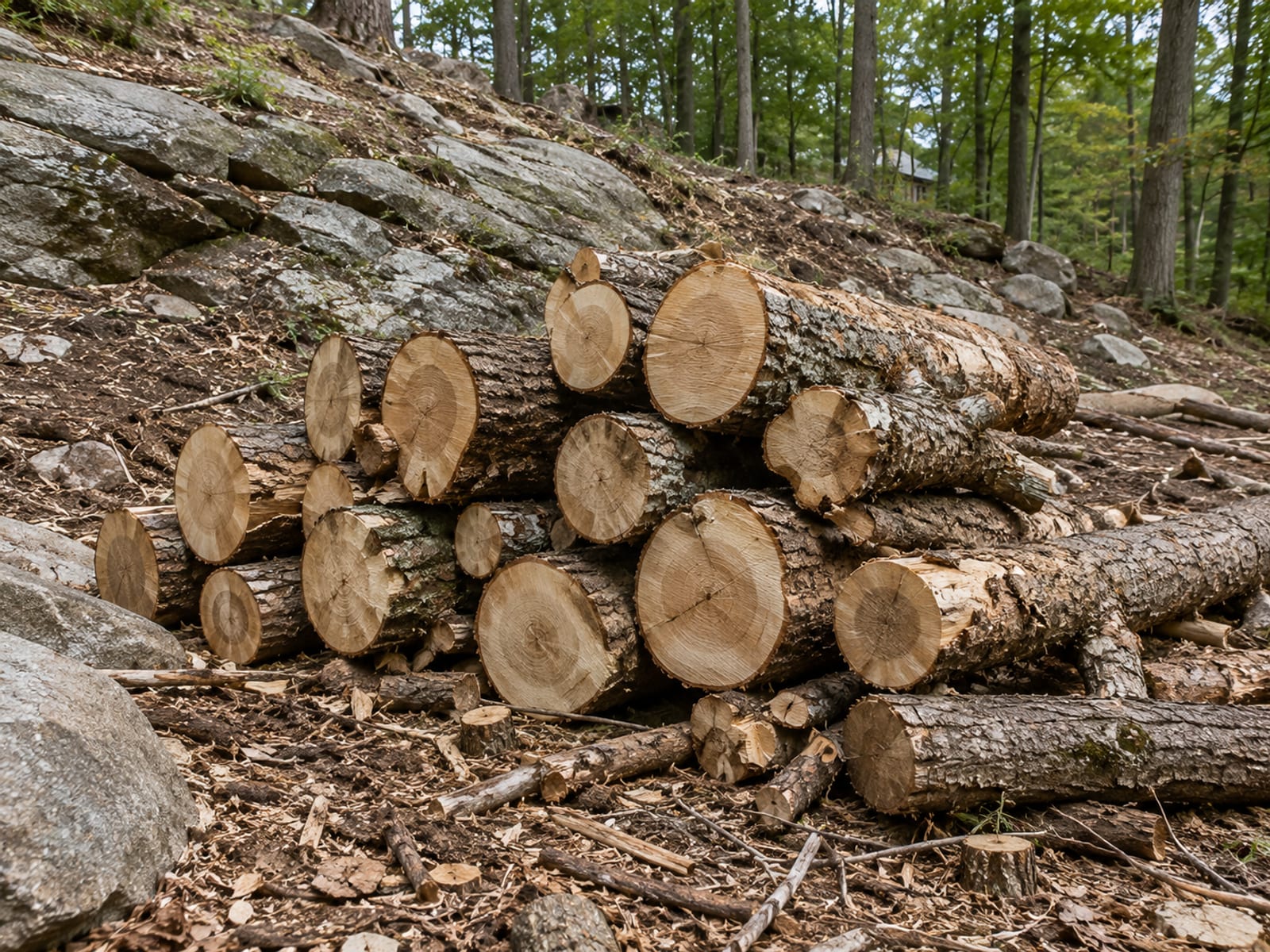 Pile of cut logs and felled tree trunks stacked on a sloped rocky lot after land clearing in Connecticut