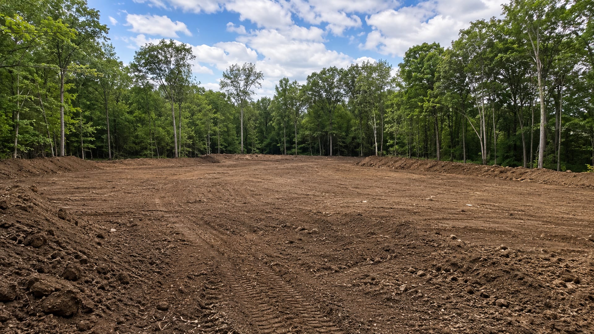 Wide view of a large cleared and rough graded residential lot with raw soil and surrounding woodland in Connecticut
