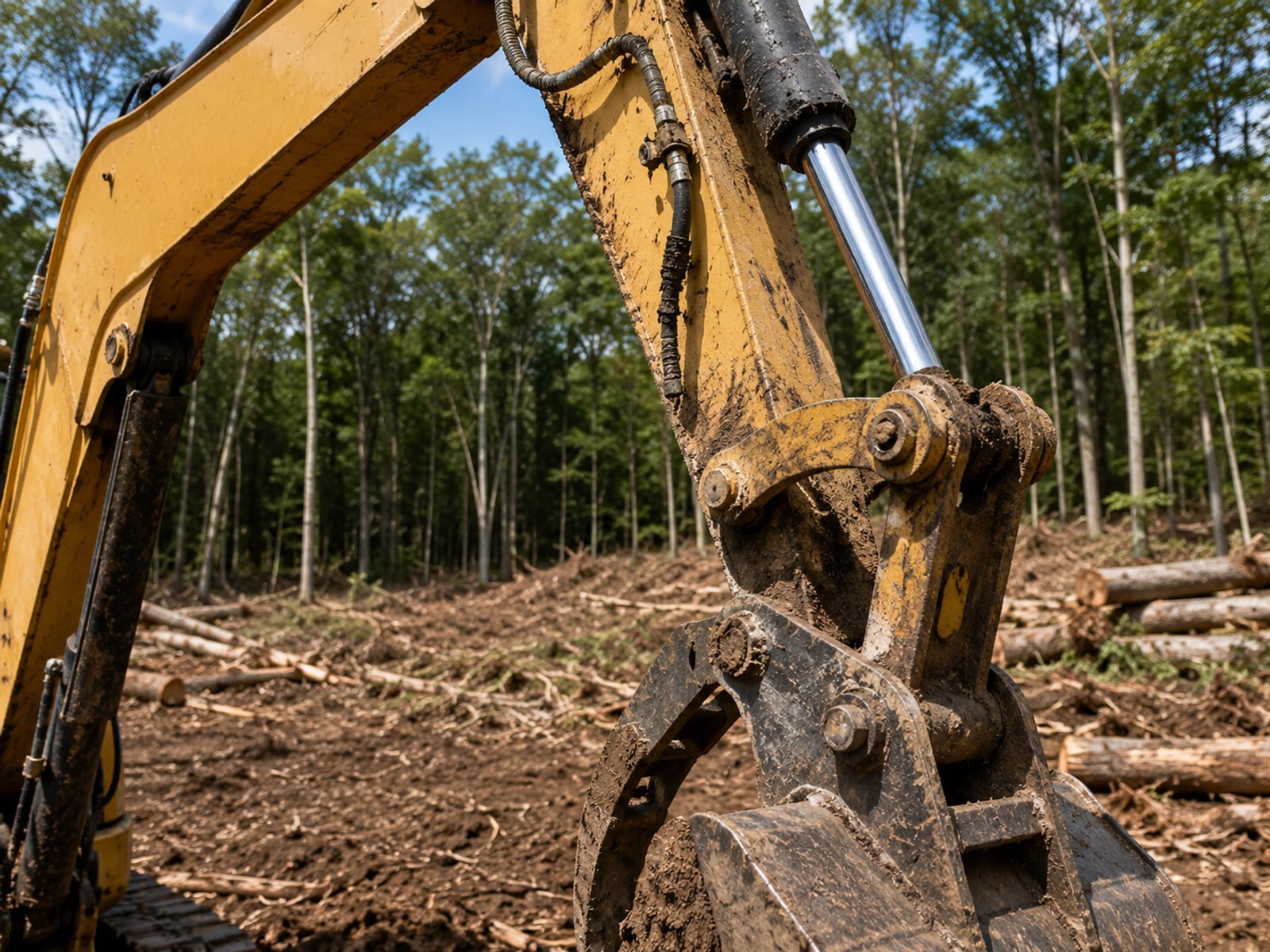 Close detail of a compact yellow tracked excavator boom and arm against a cleared wooded lot background in Connecticut
