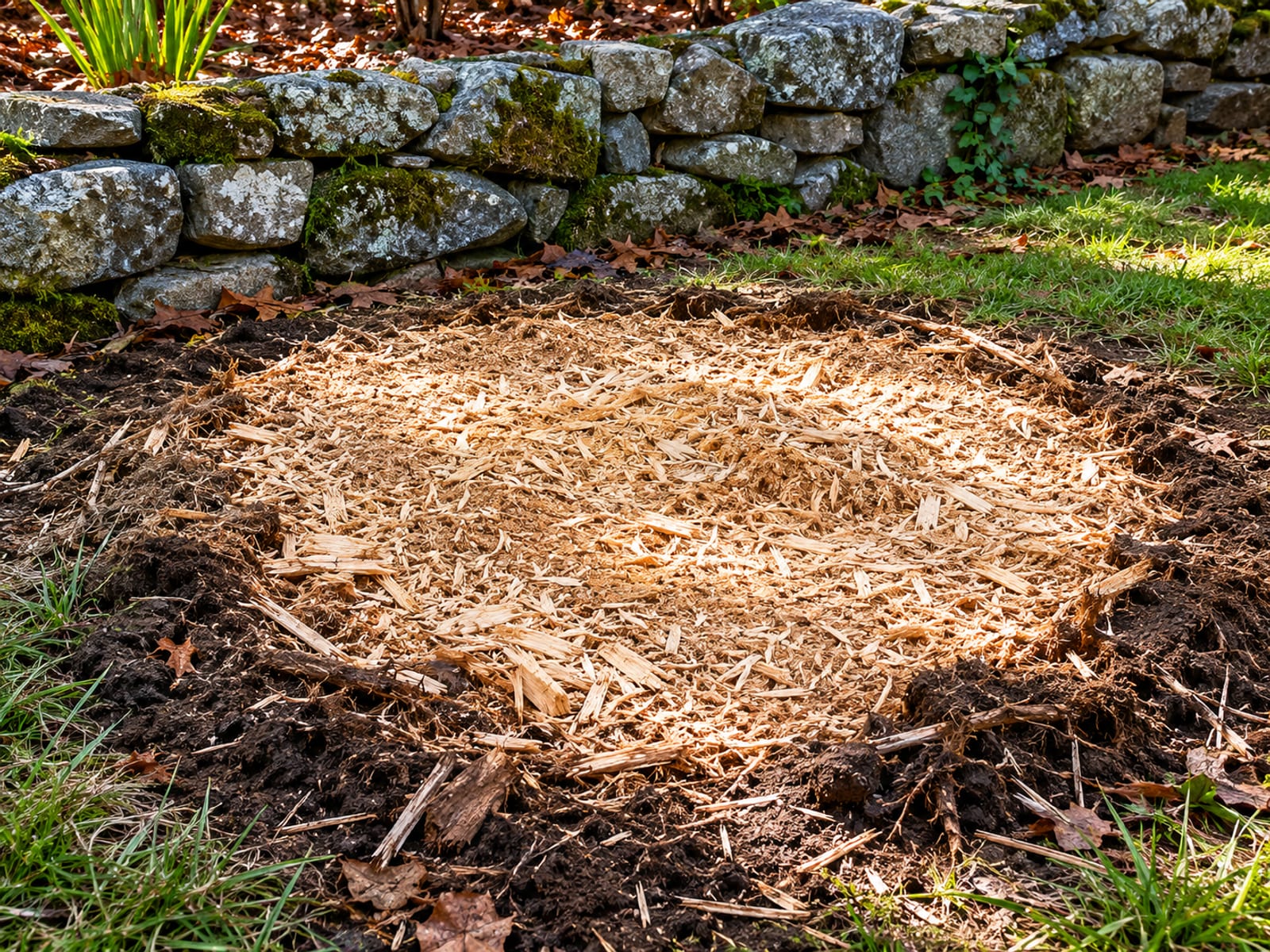 Freshly ground tree stump surrounded by wood chip debris and torn soil in a residential yard with stone wall in background