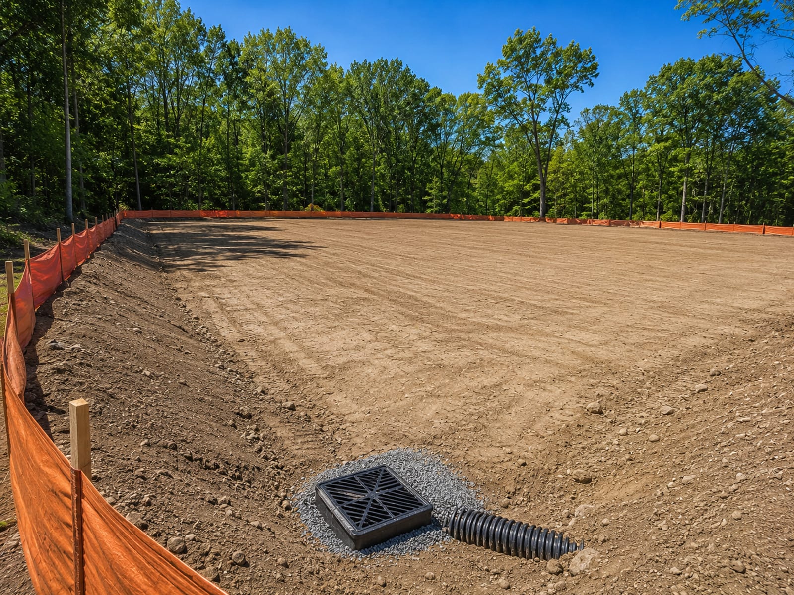 Finished excavated and graded residential development site in Connecticut with a perimeter sediment fence, catch basin installation, and compacted soil ready for construction