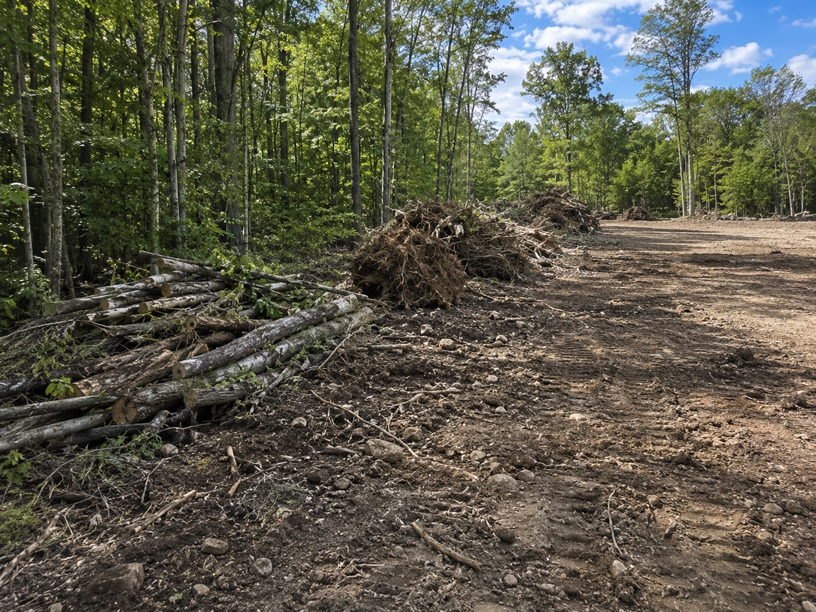 Active land clearing job site showing a Connecticut wooded lot mid-process with felled trees and brush piles on one side and open cleared ground on the other