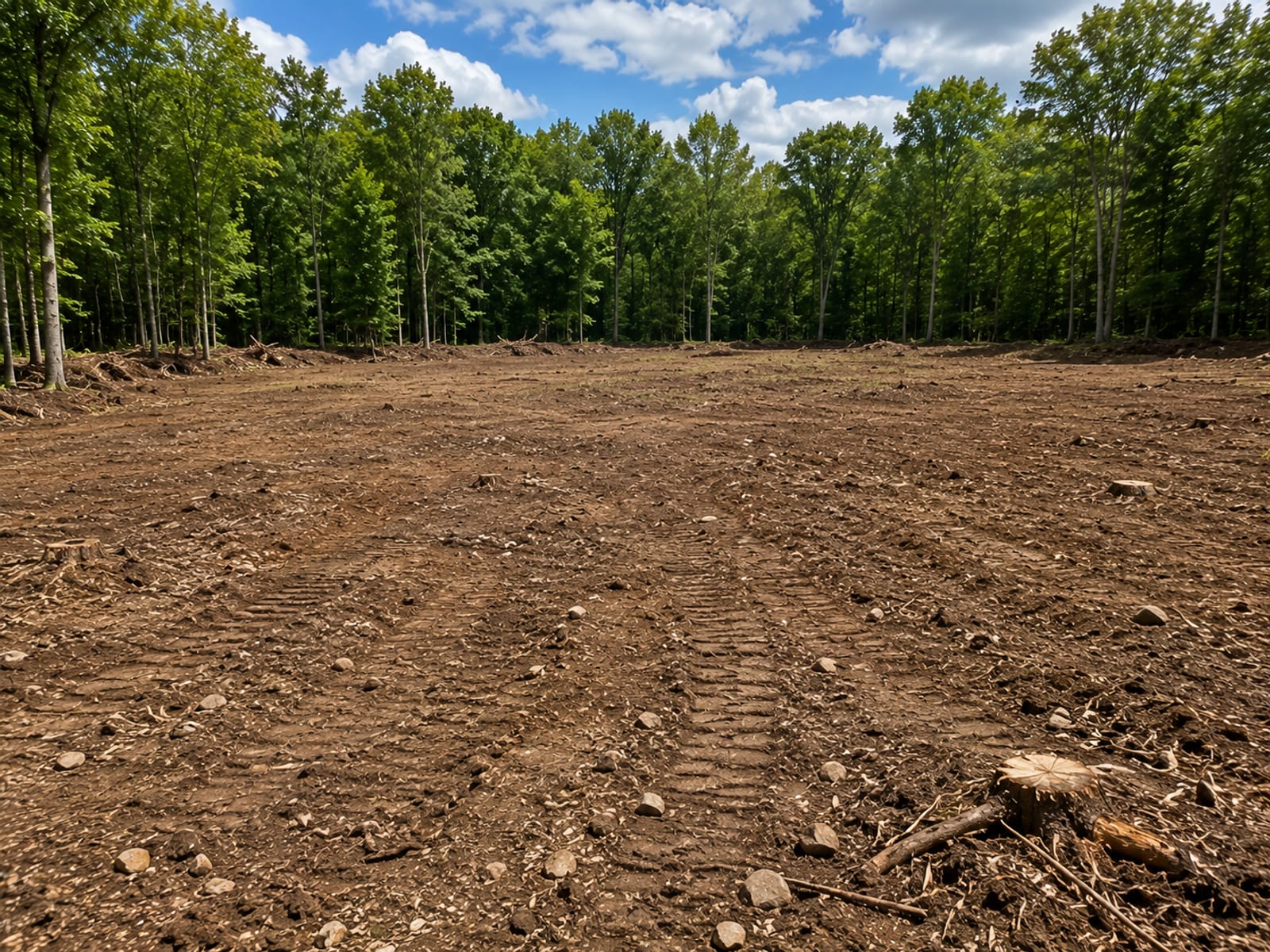 Freshly cleared residential lot in western Connecticut with stumps and debris removed, exposed glacial till soil, and mature tree line at perimeter