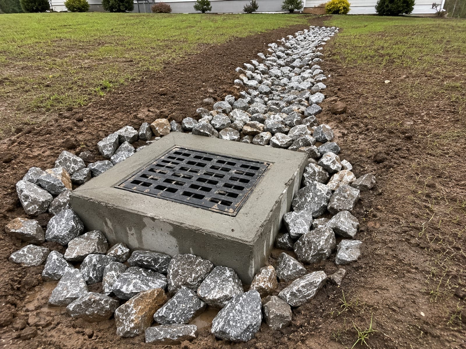 Newly installed concrete catch basin with surrounding rip rap stone and graded swale channel in a residential yard in Connecticut