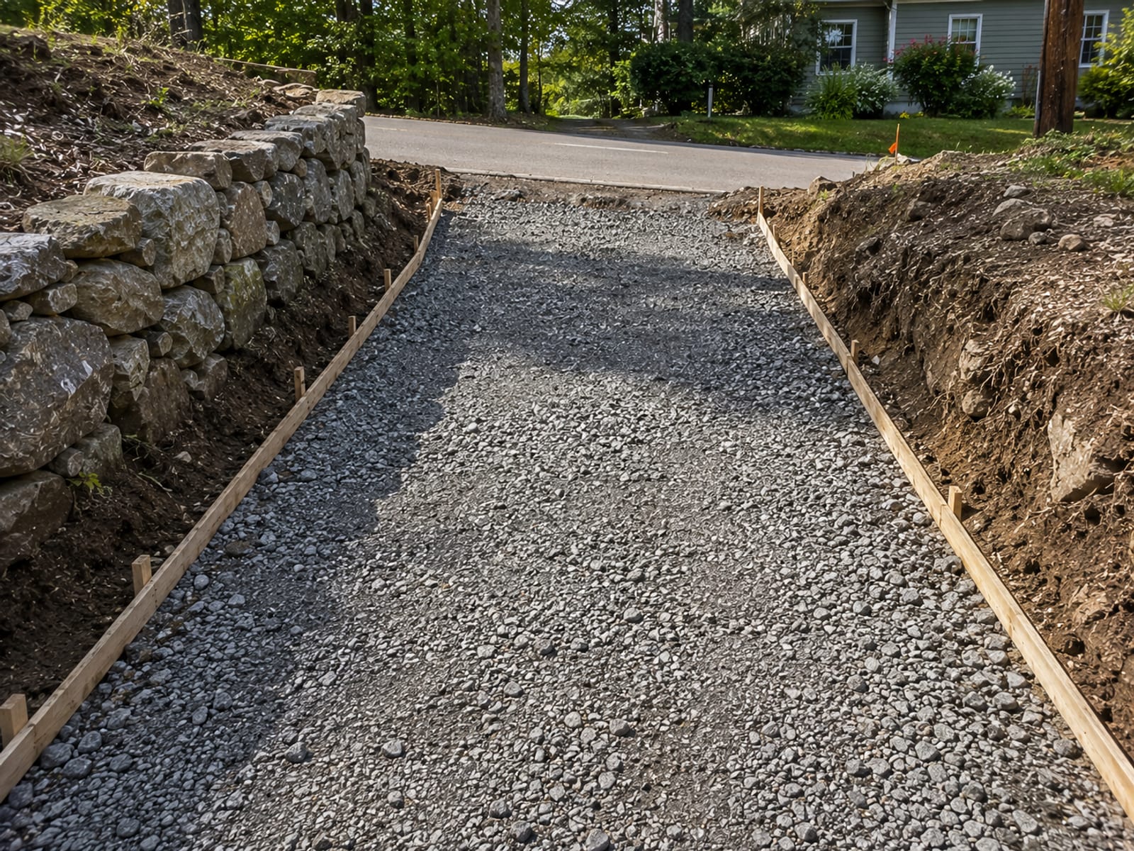 Freshly excavated and graded driveway base with compacted gravel sub-base and concrete curbing along a residential property in Connecticut