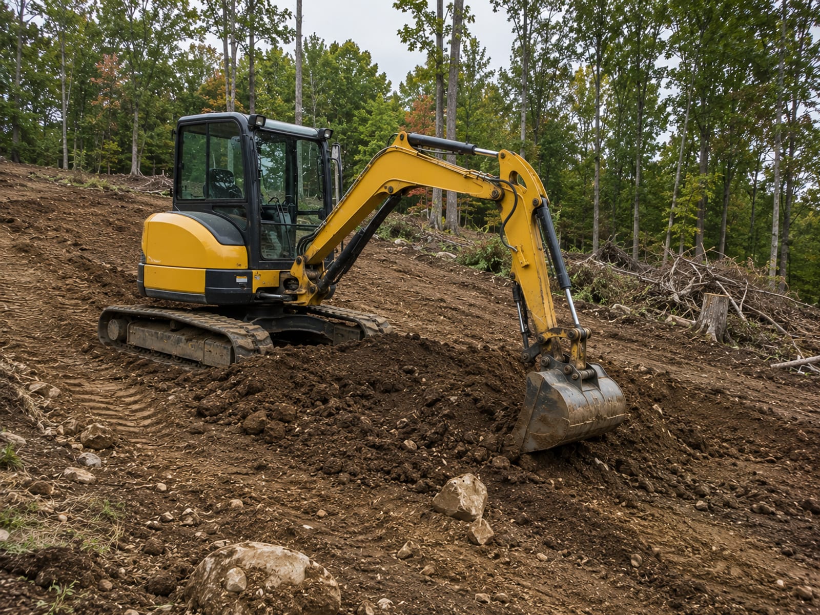 Compact yellow tracked excavator actively shaping and grading a sloped residential lot with exposed earth and tree stumps in the background