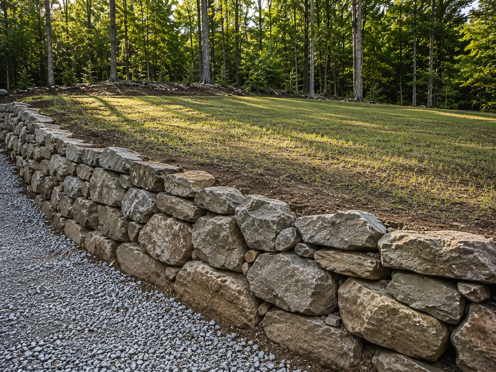 Freshly graded and shaped residential lot with newly installed stone retaining wall edging a sloped lawn area in western Connecticut