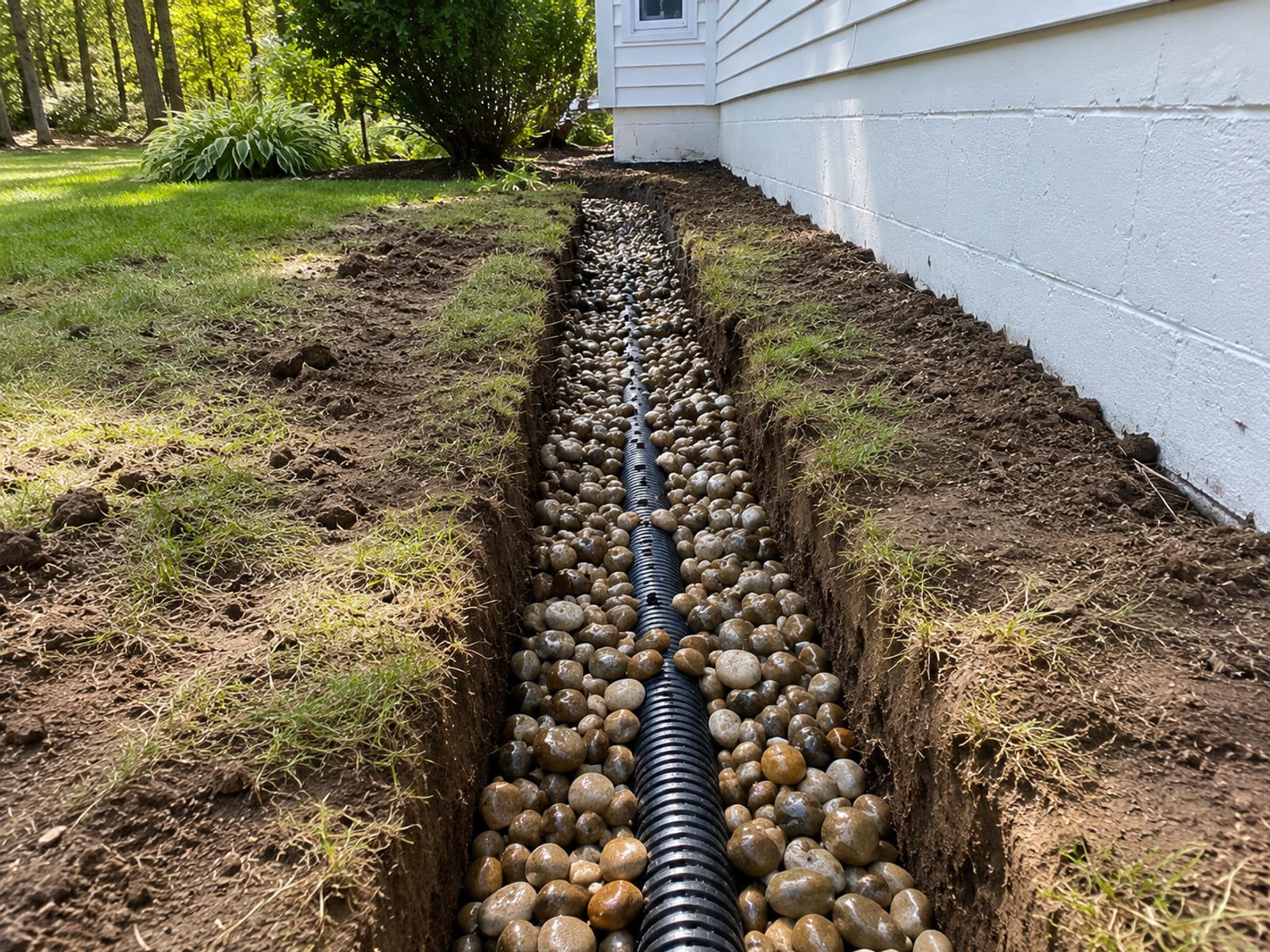 Freshly installed French drain trench with perforated pipe and washed stone in a residential yard beside a colonial style home
