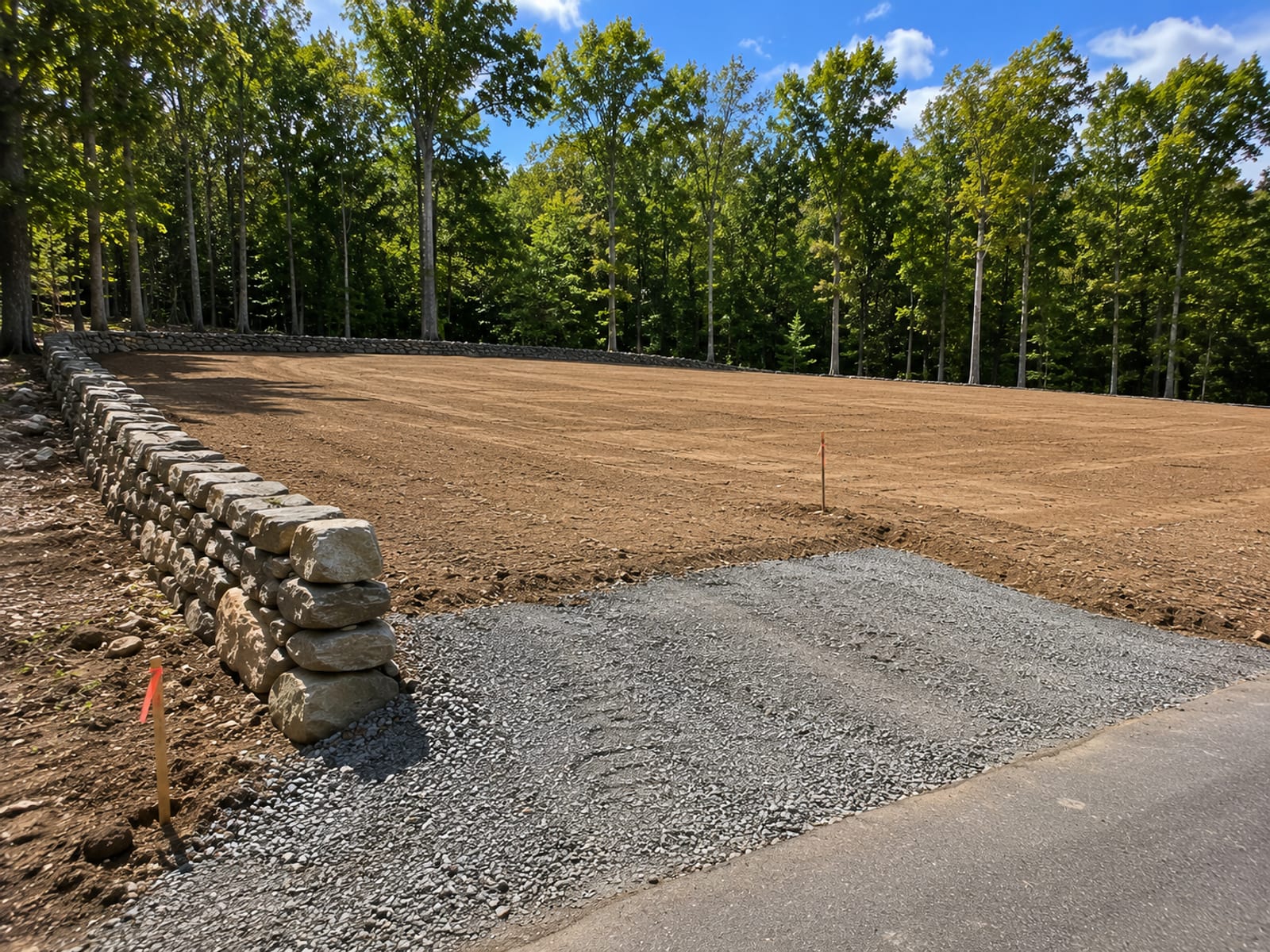 Finished and build-ready graded residential lot with smooth compacted earth surface and fieldstone boundary wall in western Connecticut