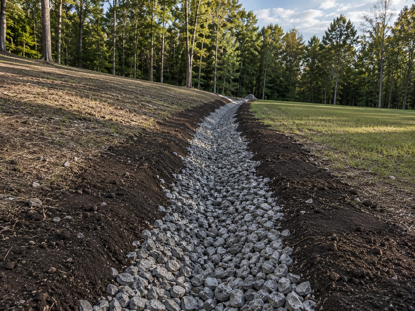 Dry-stacked natural stone retaining wall holding back a sloped yard on a wooded Connecticut residential property
