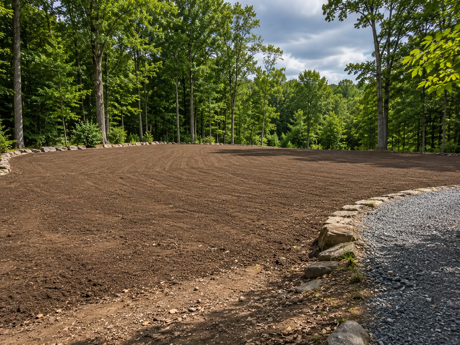 Freshly graded residential lot with smooth topsoil and defined lawn edges bordered by mature deciduous trees in western Connecticut