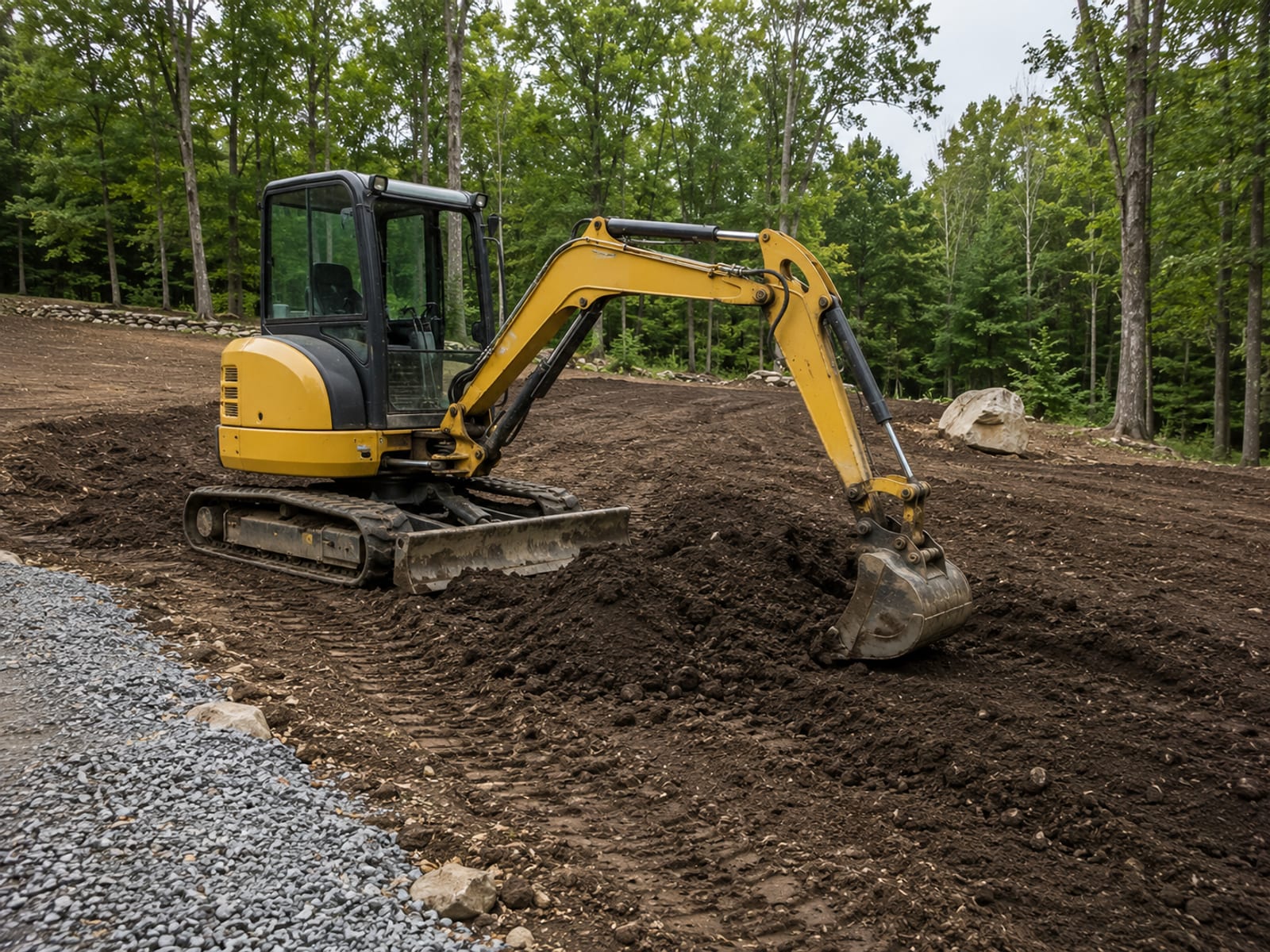 Freshly cut drainage swale with compacted gravel lining running along the edge of a graded residential lawn in Connecticut
