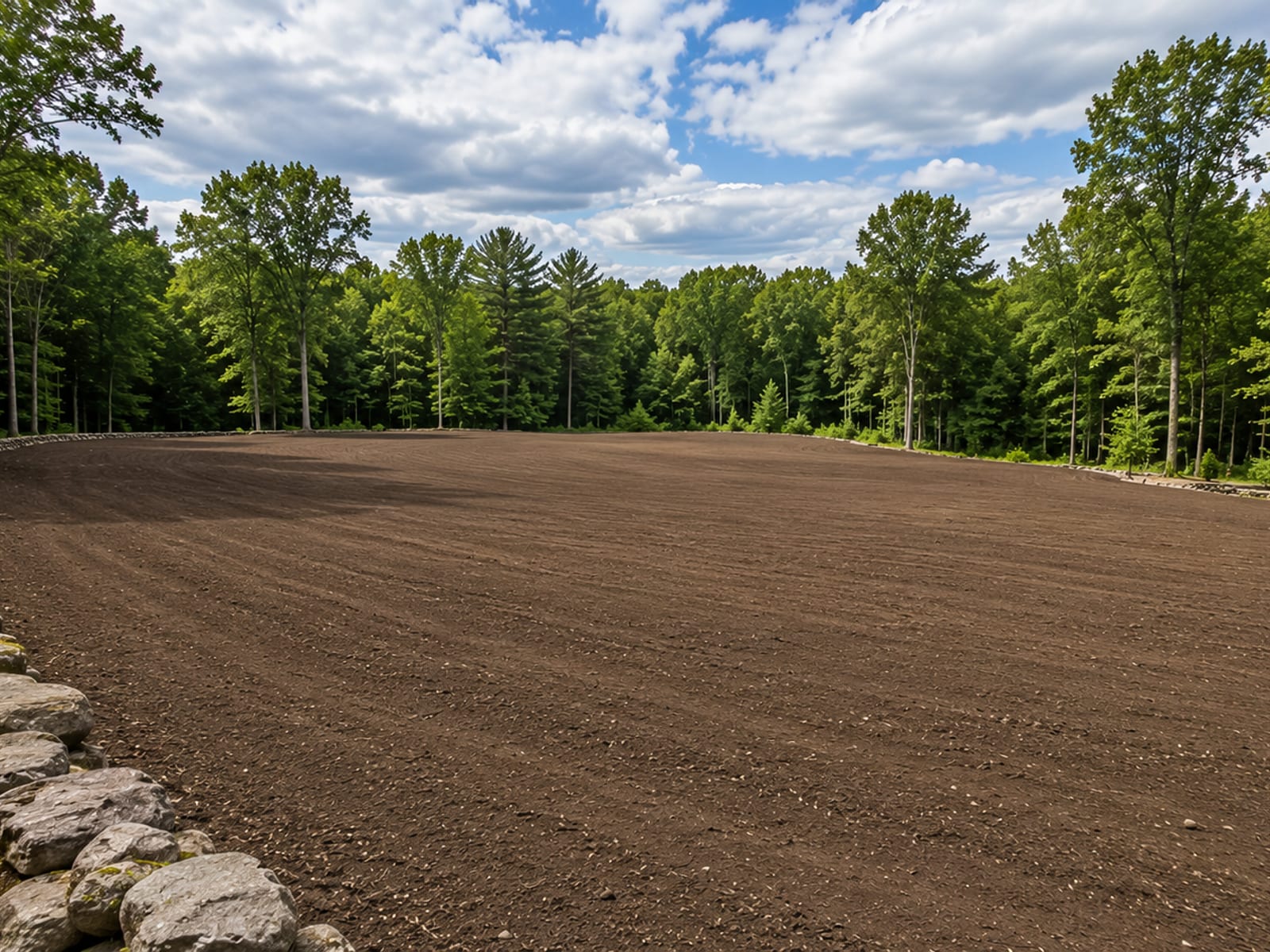 Small yellow tracked excavator moving topsoil on a residential grading project surrounded by trees in Oxford Connecticut