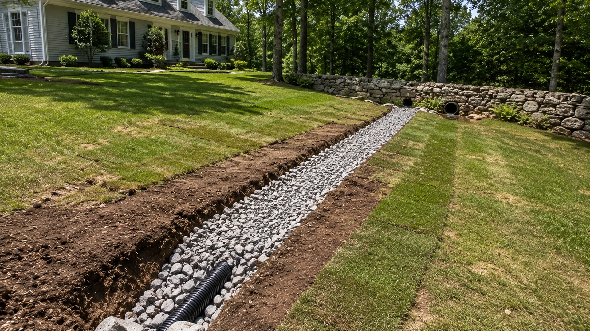 Freshly installed French drain trench with gravel fill and perforated pipe running along a sloped residential yard in Middlebury CT
