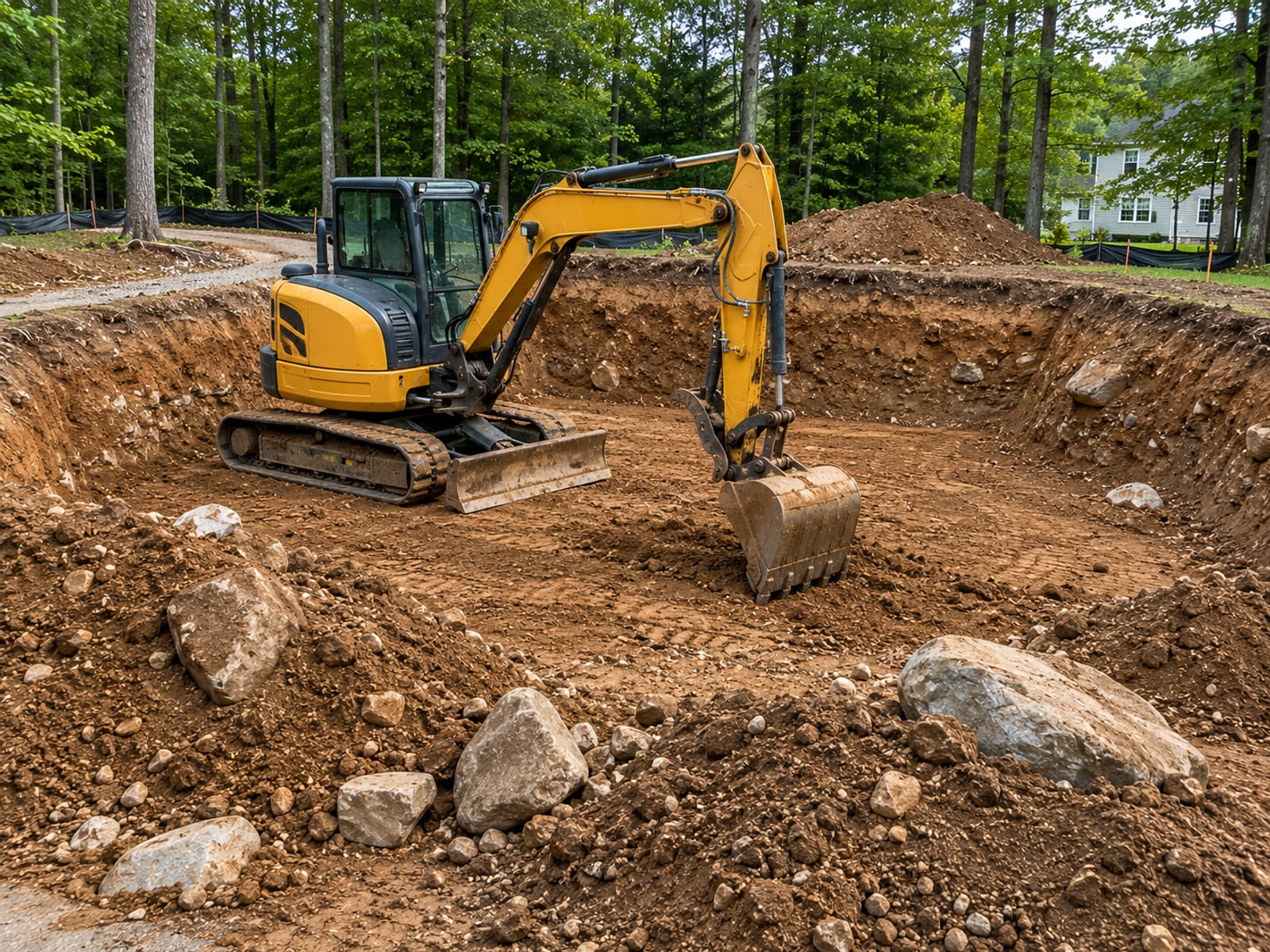 Freshly excavated residential lot in Middlebury CT with exposed glacial till soil and surrounding mature deciduous trees