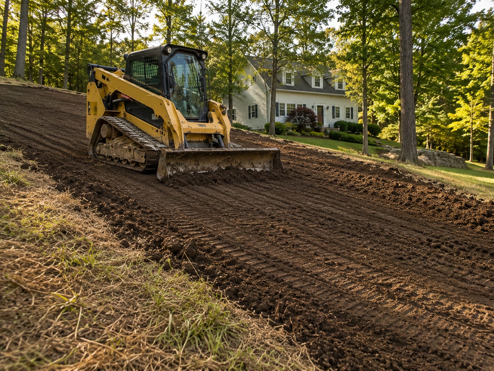 Compact yellow track loader grading a sloped residential yard in Middlebury CT with freshly moved earth and smooth graded surface