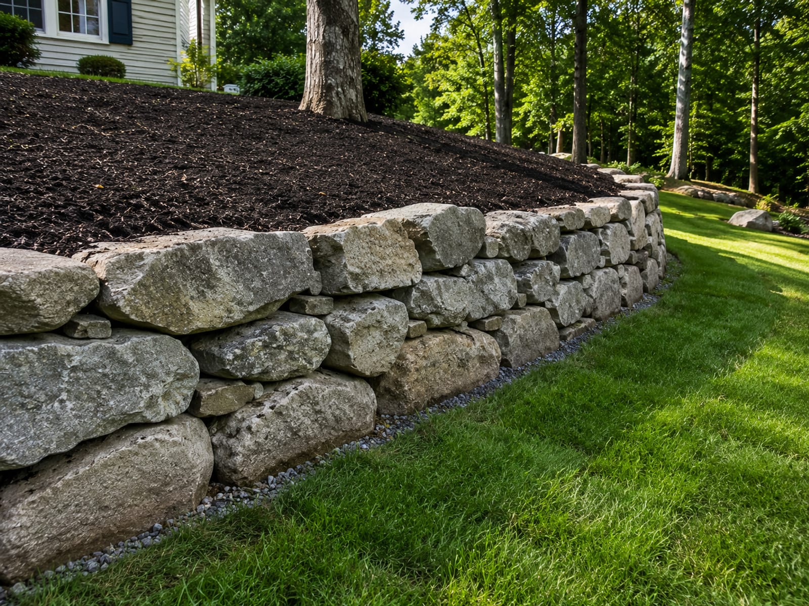 Newly constructed dry-stacked boulder retaining wall holding a terraced residential slope in Middlebury CT with dark mulch backfill