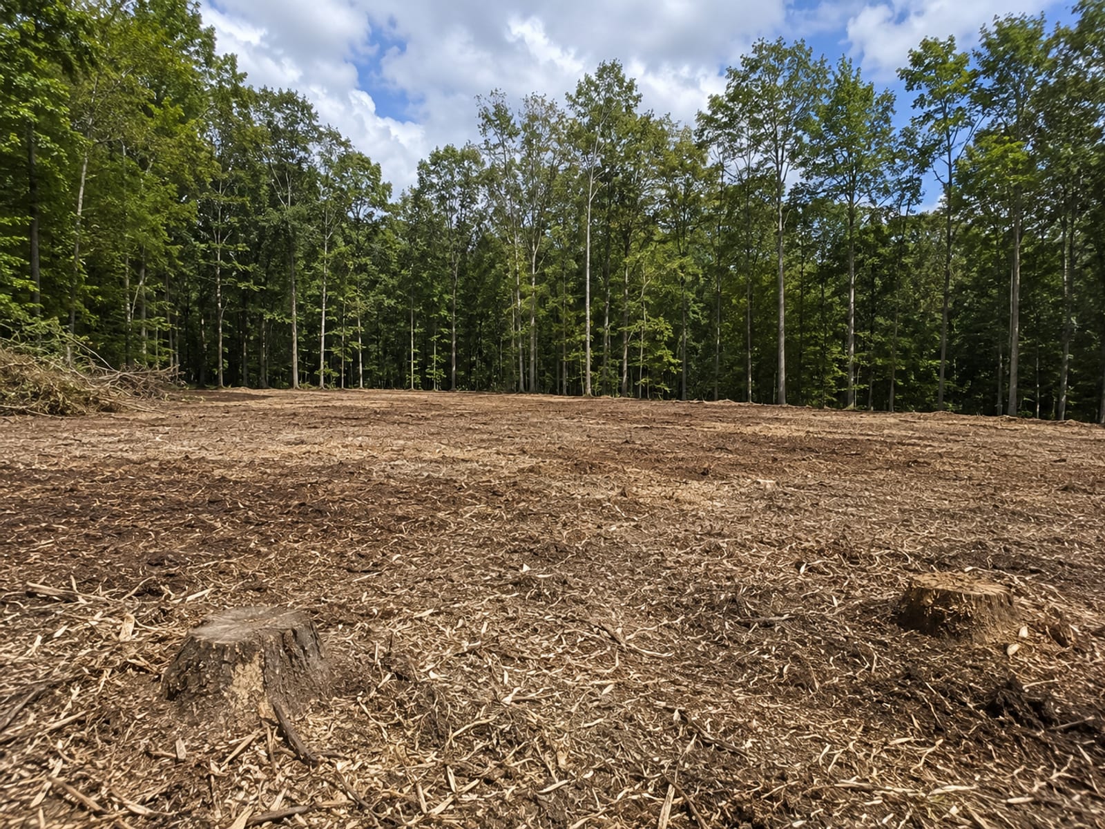 Freshly cleared wooded lot in Monroe CT with mulched ground cover, stumps ground to grade, and a tree line of mature deciduous trees at the edge