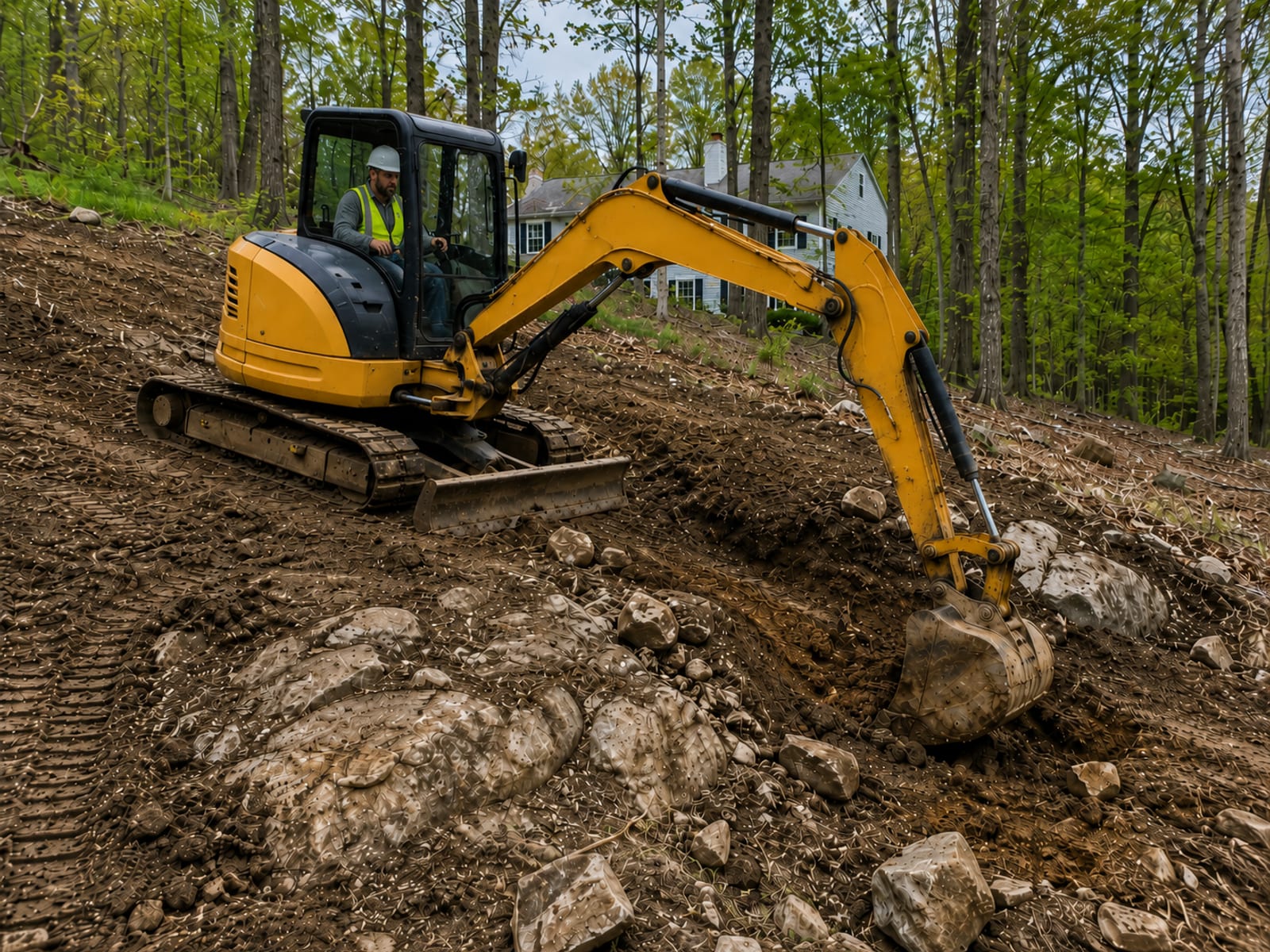Compact yellow tracked excavator working on a sloped wooded lot in Monroe CT with excavated earth and rocky glacial till soil visible