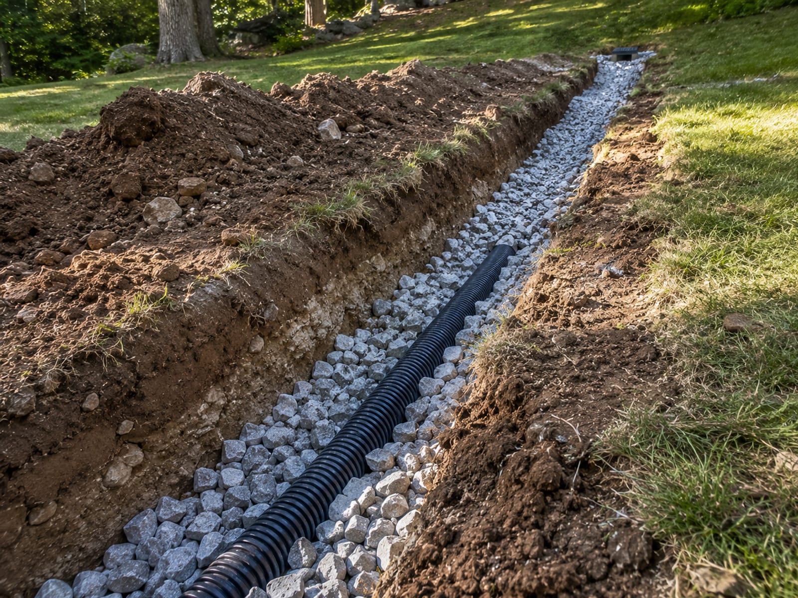 Freshly installed French drain trench with perforated pipe and clean crushed stone fill on a sloped Monroe CT residential yard