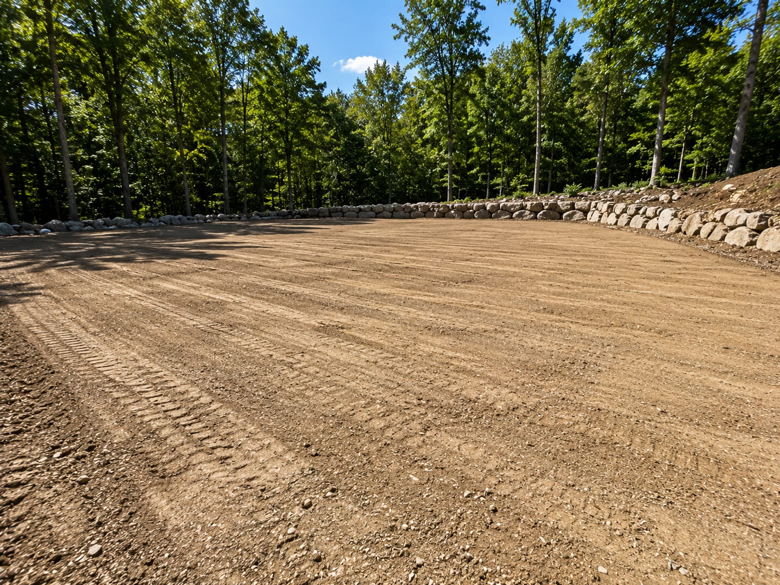 Smoothly graded flat residential lot in Monroe CT with compacted earth surface ready for construction and stone walls visible at the property boundary