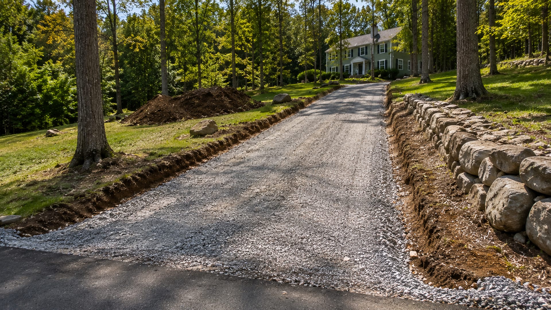 Freshly excavated and gravel-prepared driveway approach on a Monroe CT colonial home property with wooded lot and natural stone wall border