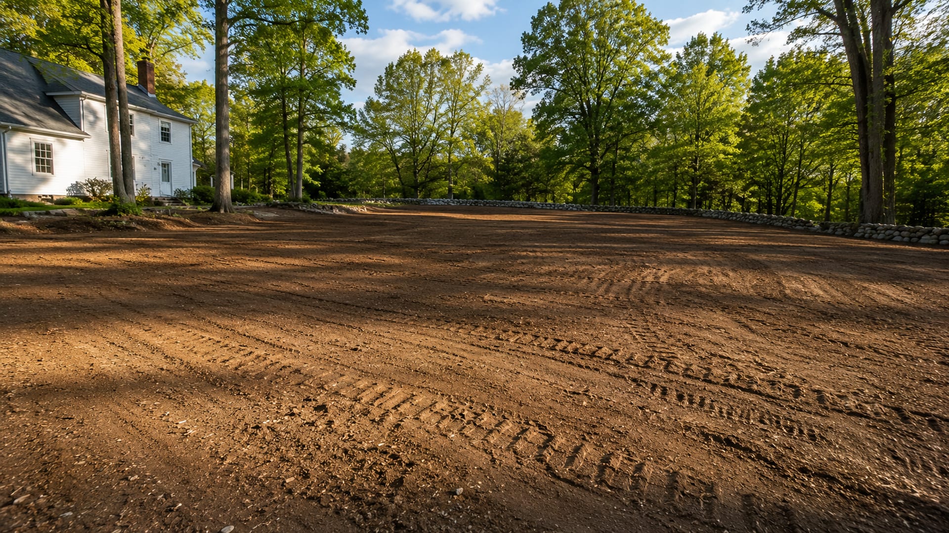 Wide view of a freshly graded and leveled residential lot in Naugatuck CT with smooth compacted soil ready for construction