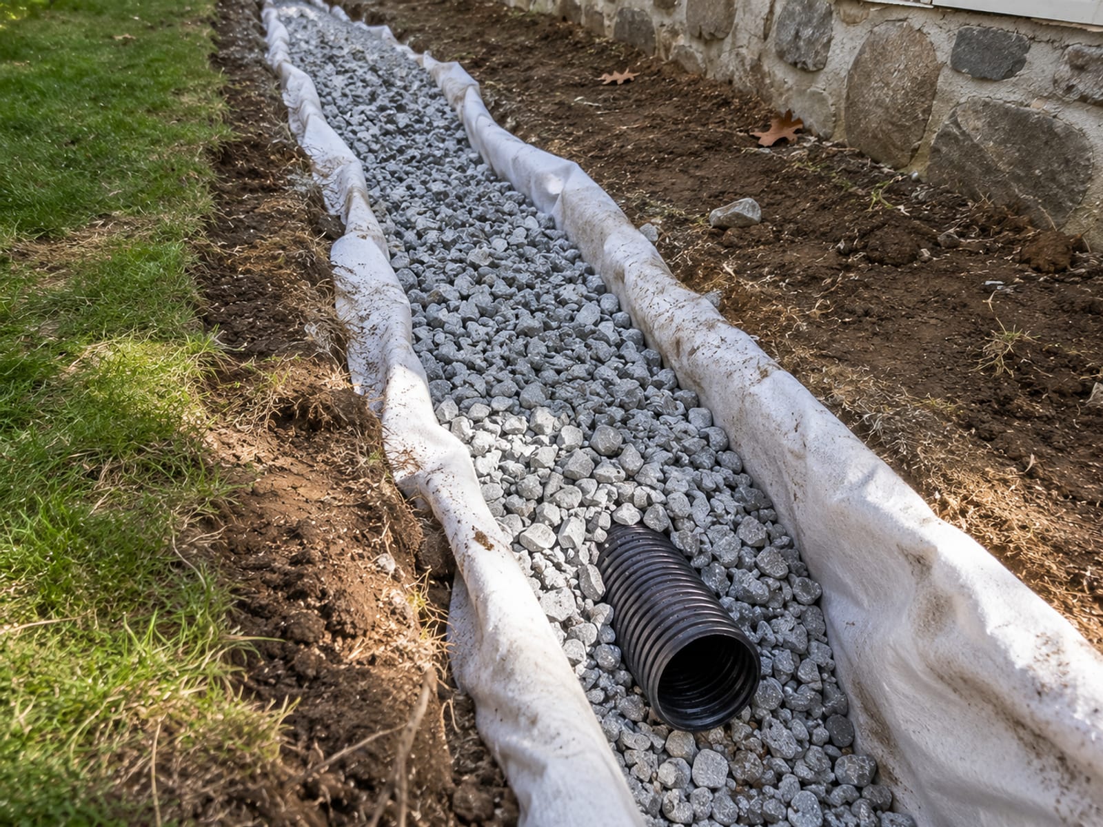 Freshly installed French drain gravel trench along a sloped residential yard in Naugatuck CT with perforated pipe visible