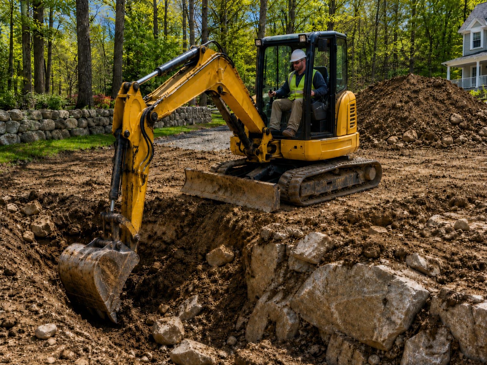 Compact yellow tracked excavator digging into rocky glacial soil on a residential lot in Naugatuck CT with soil pile nearby
