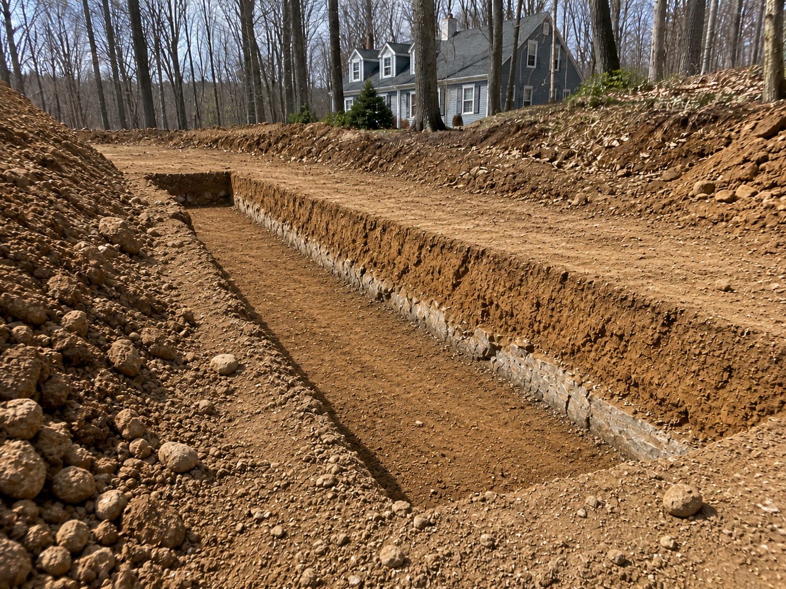 Freshly excavated foundation trench on a sloped wooded lot in Naugatuck CT with exposed glacial till and ledge rock
