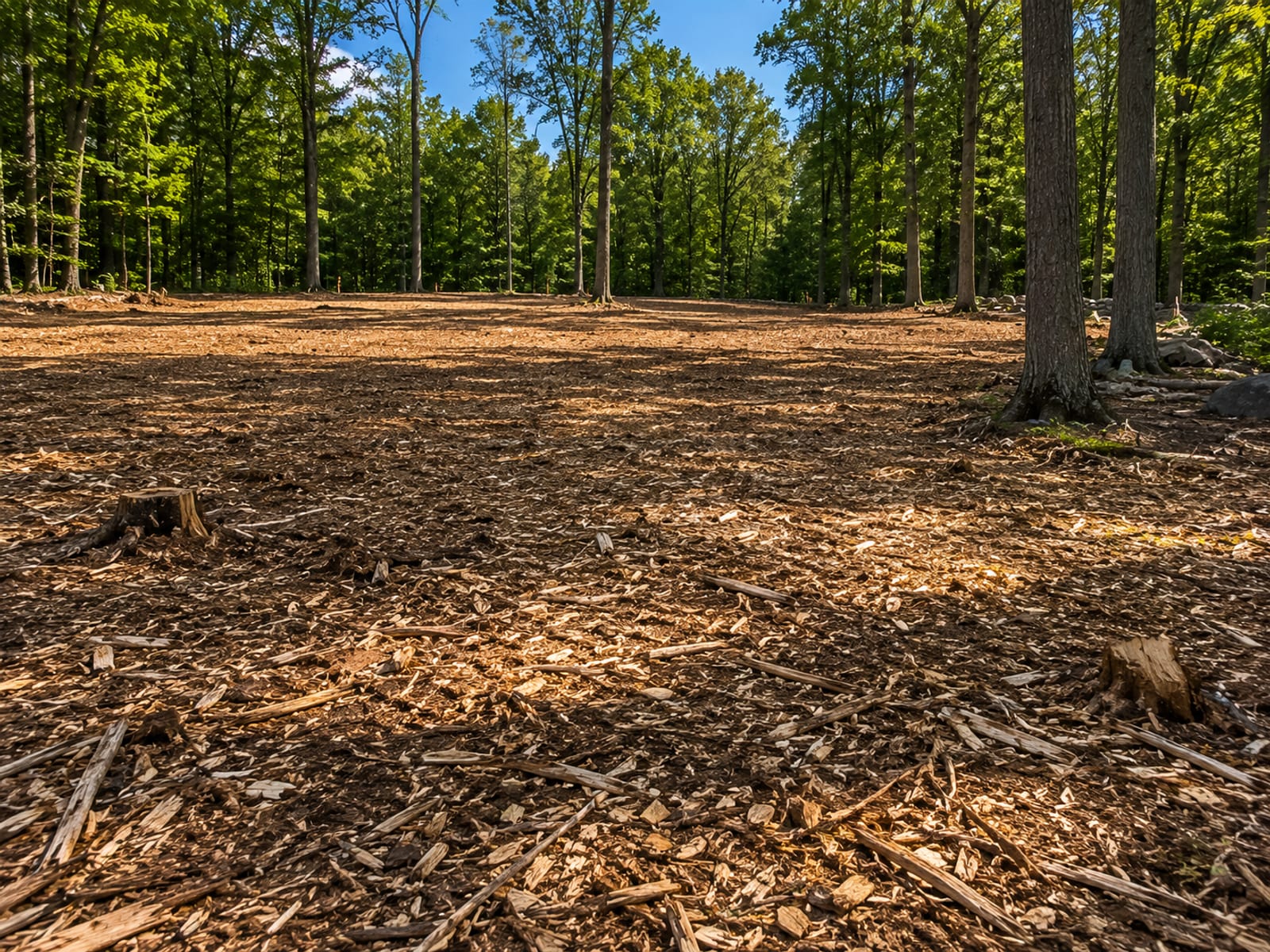 Compact forestry mulcher clearing a dense wooded lot in Newtown CT with ground mulch spread across exposed mineral soil and stumps reduced to chips
