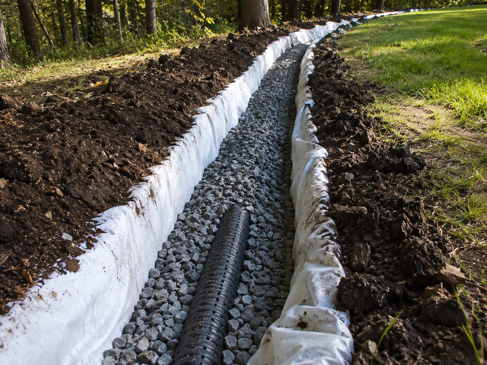 Newly installed French drain trench with perforated pipe and clean crushed stone gravel in a residential yard in Newtown CT