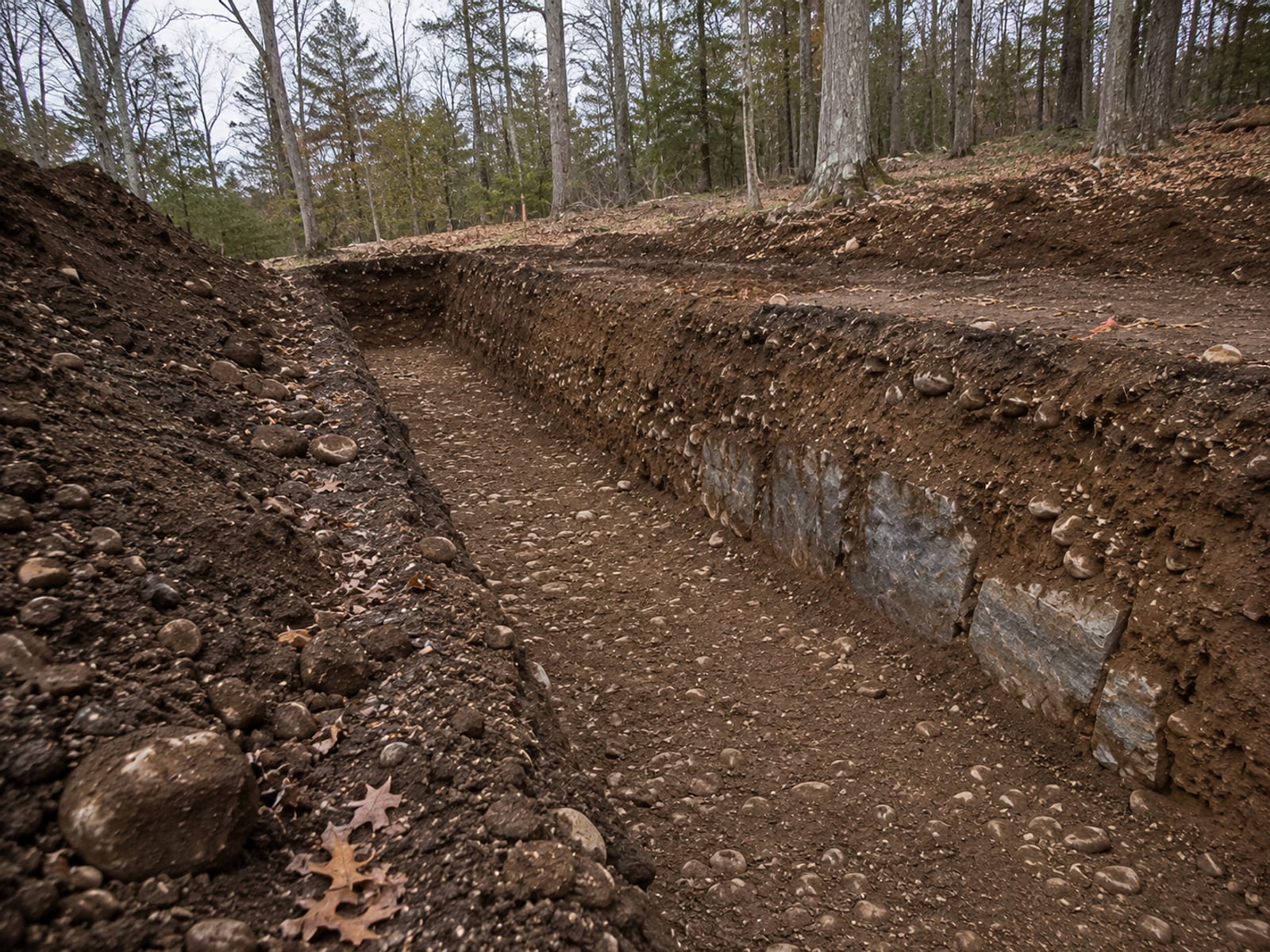 Freshly excavated foundation trench on a wooded residential lot in Newtown CT with exposed glacial till soil and rocky subgrade