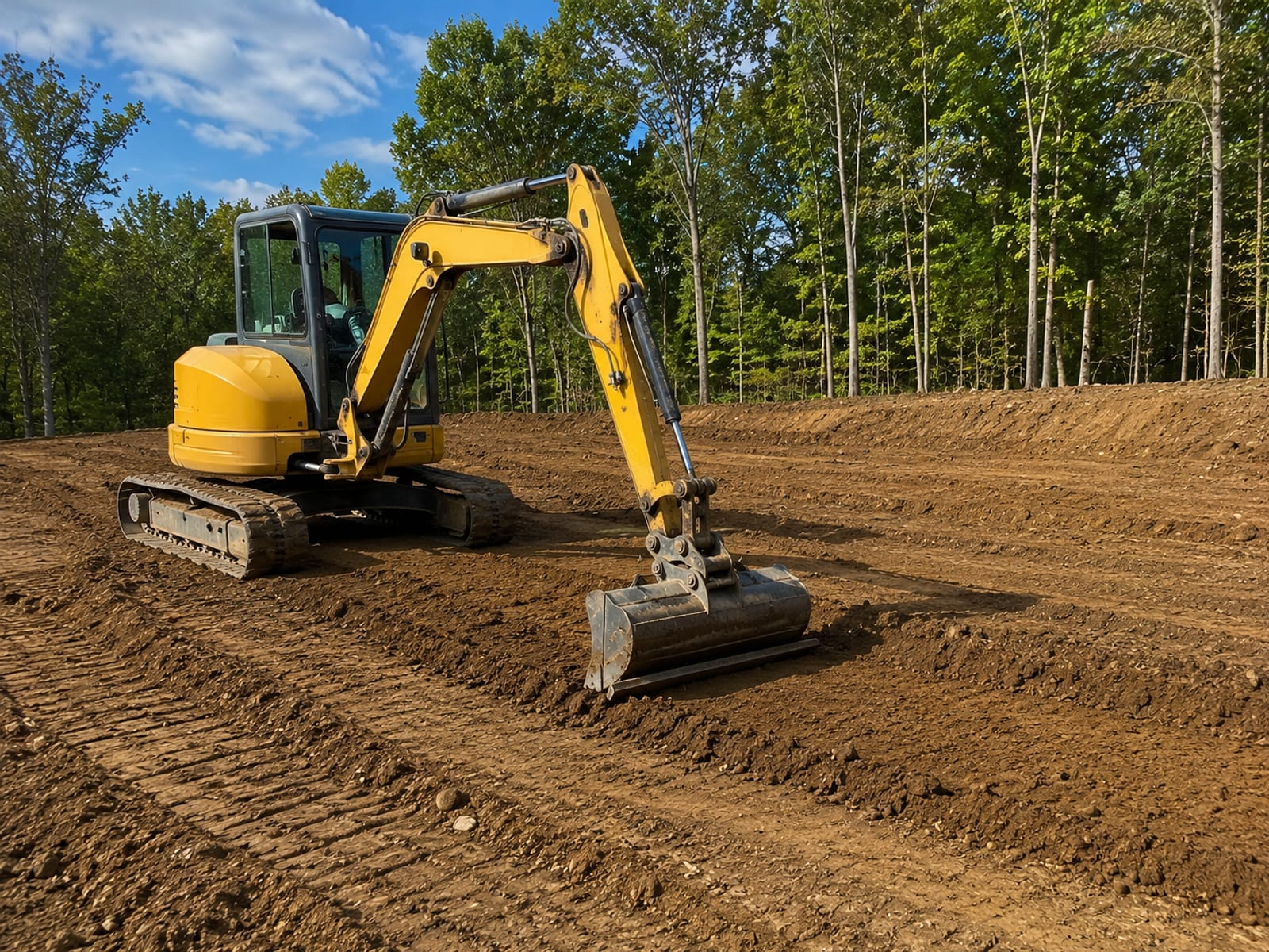Compact yellow tracked excavator grading and leveling a sloped residential lot in Newtown CT with freshly moved earth and exposed subgrade