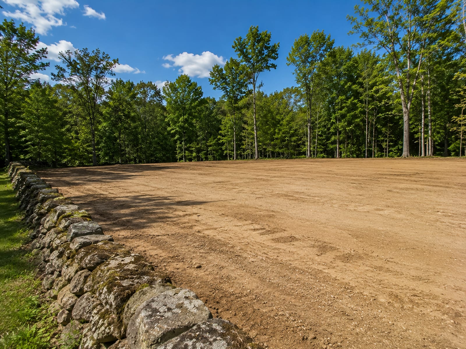 Finished and build-ready graded residential lot in Newtown CT with smooth compacted earth, stone wall edge, and surrounding mature trees under clear blue sky
