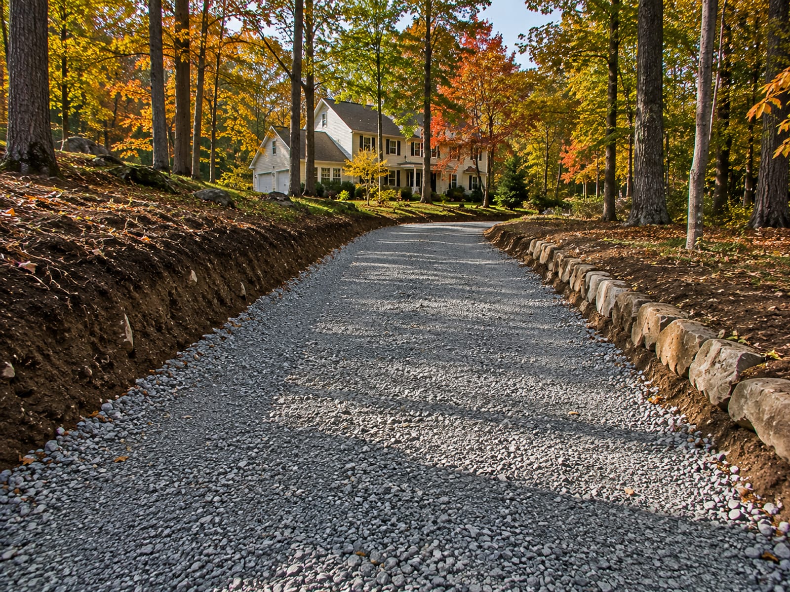 Freshly excavated and gravel-based residential driveway approach in Oakville CT with compacted stone ready for paving