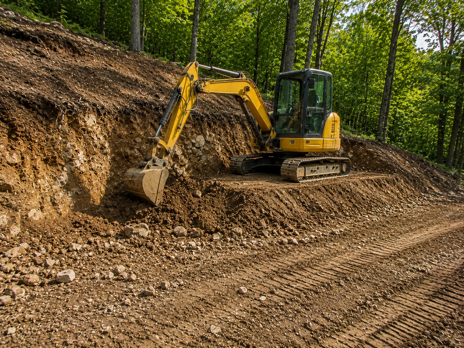 Compact yellow tracked excavator working on a sloped residential lot in Oakville CT surrounded by mature deciduous trees