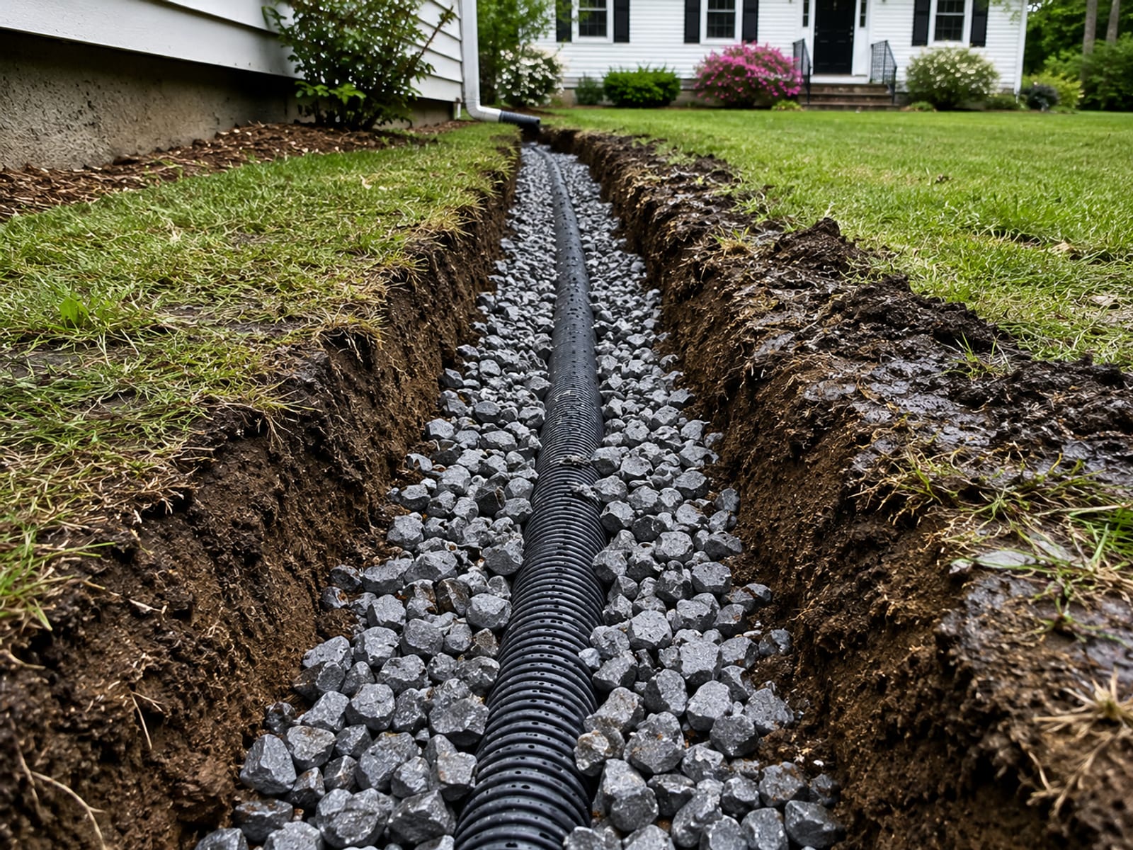 Freshly installed French drain trench with perforated pipe and clean crushed stone in a residential yard in Oakville CT