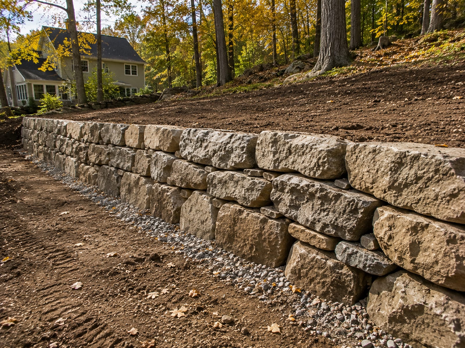 Newly constructed dry stacked stone retaining wall holding back a graded slope on a residential property in Oakville CT