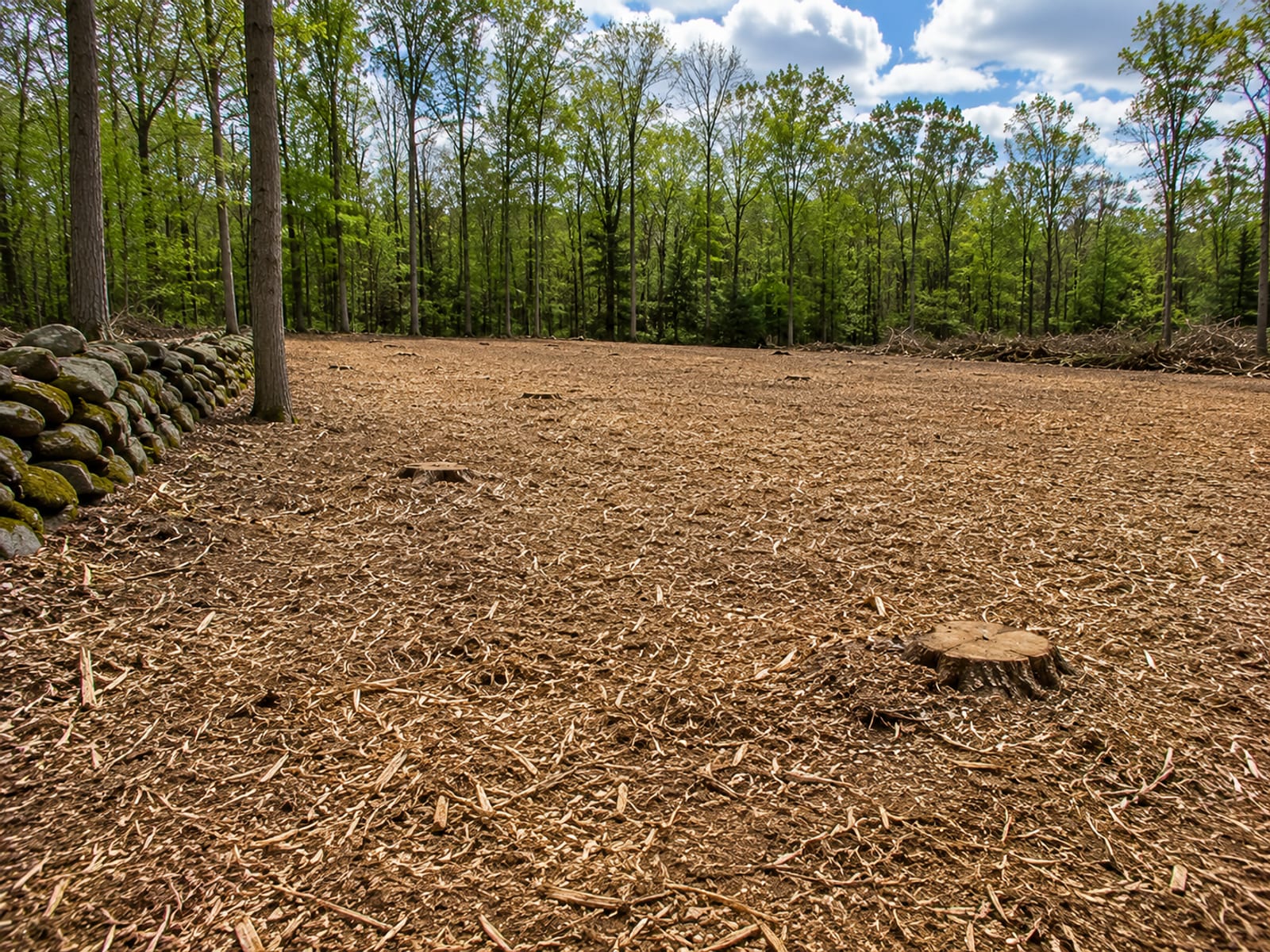 Cleared wooded residential lot in Oxford CT with fresh wood chip mulch covering ground and stacked brush at perimeter