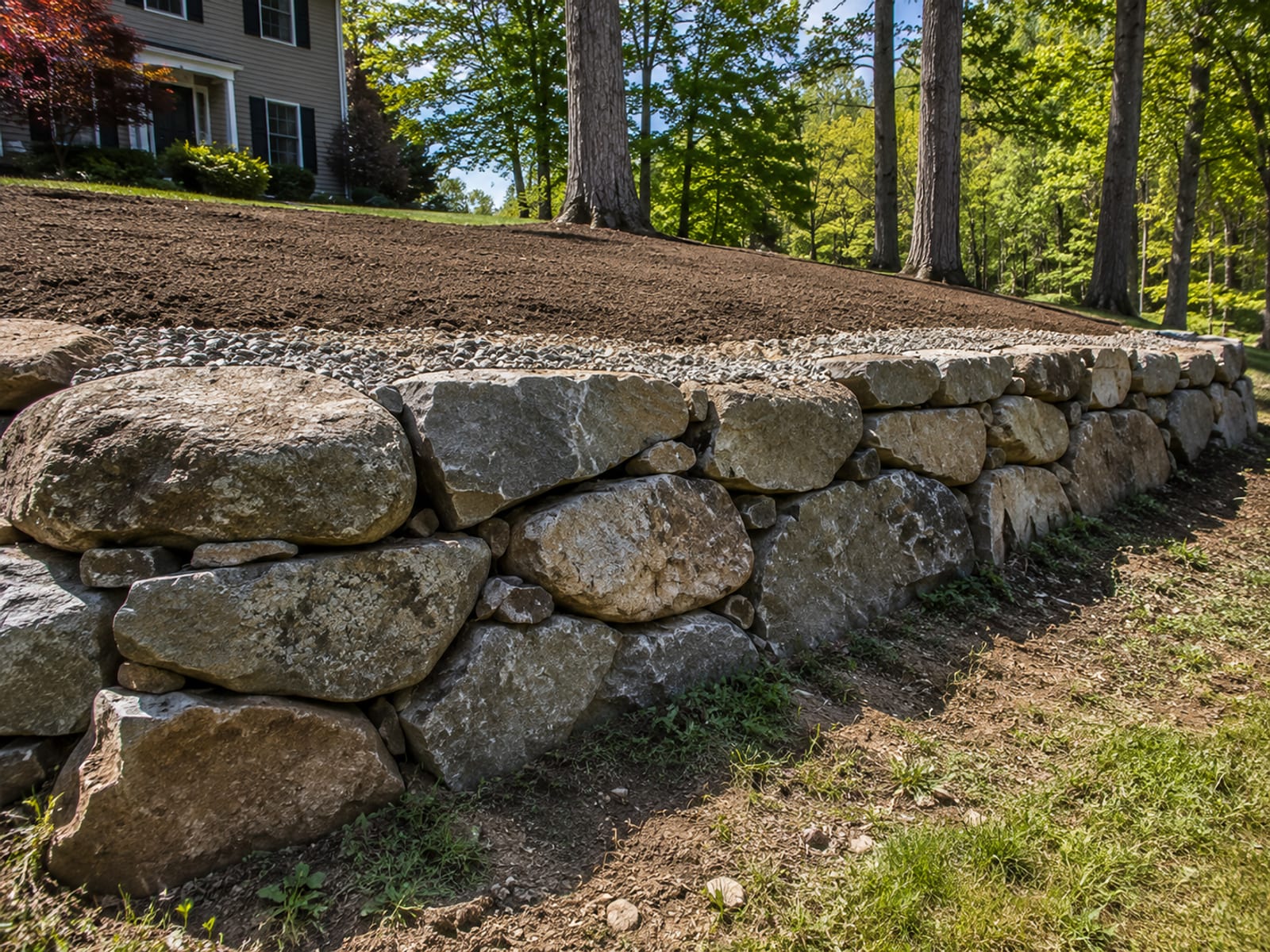Newly constructed dry-stack boulder retaining wall on a sloped residential lot in Oxford CT with graded earth behind it