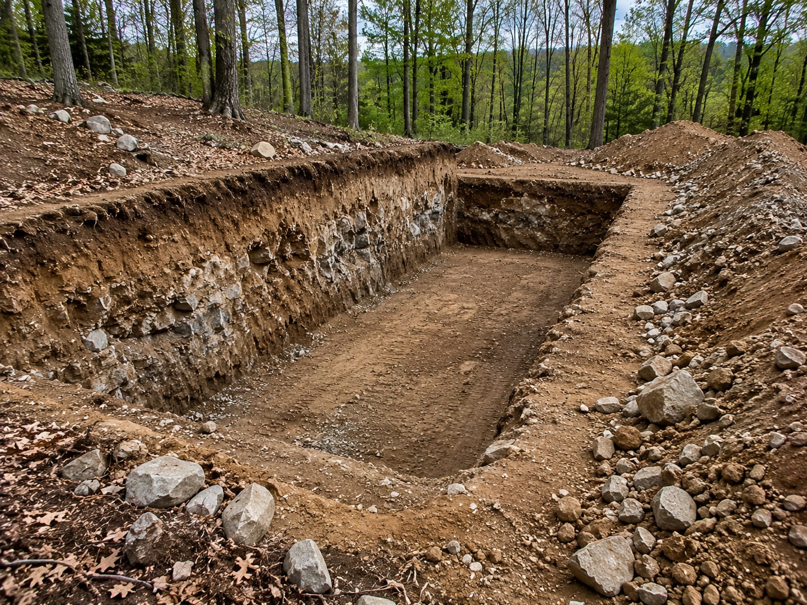 Freshly excavated foundation trench on a wooded residential lot in Oxford CT with exposed glacial till soil and rock