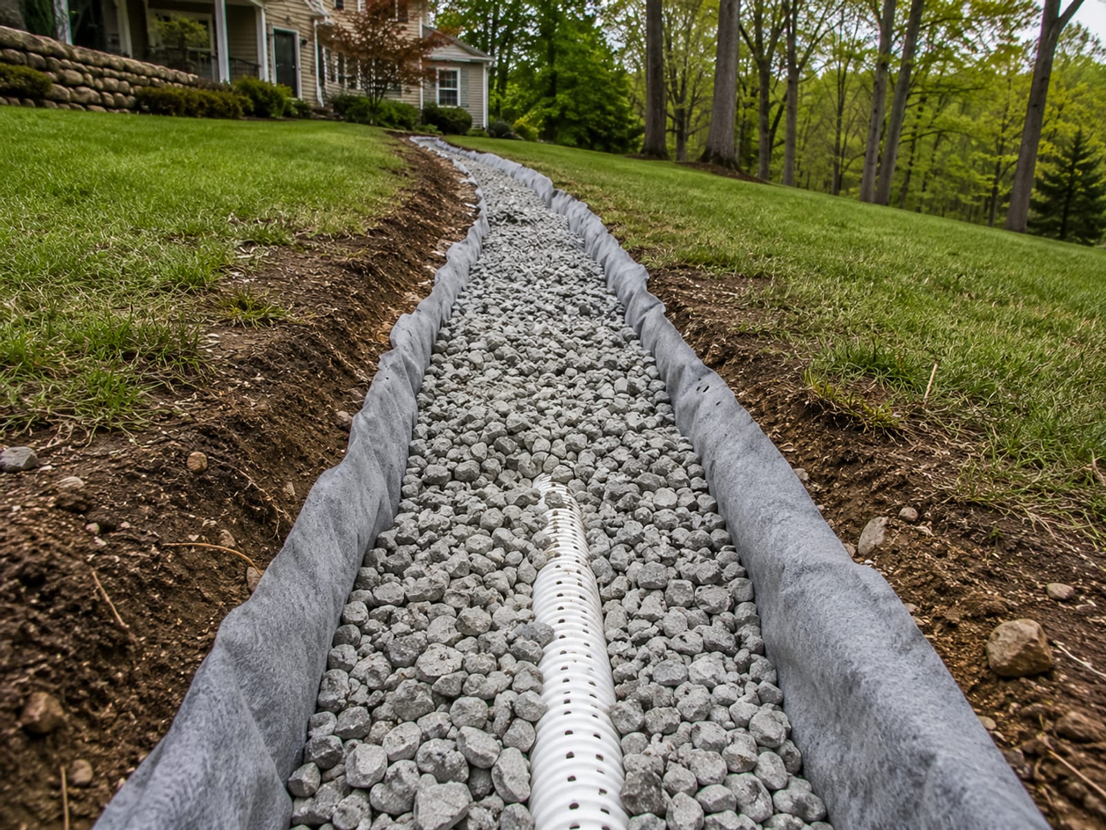 Freshly installed French drain trench with perforated pipe and crushed stone in a residential yard in Oxford CT