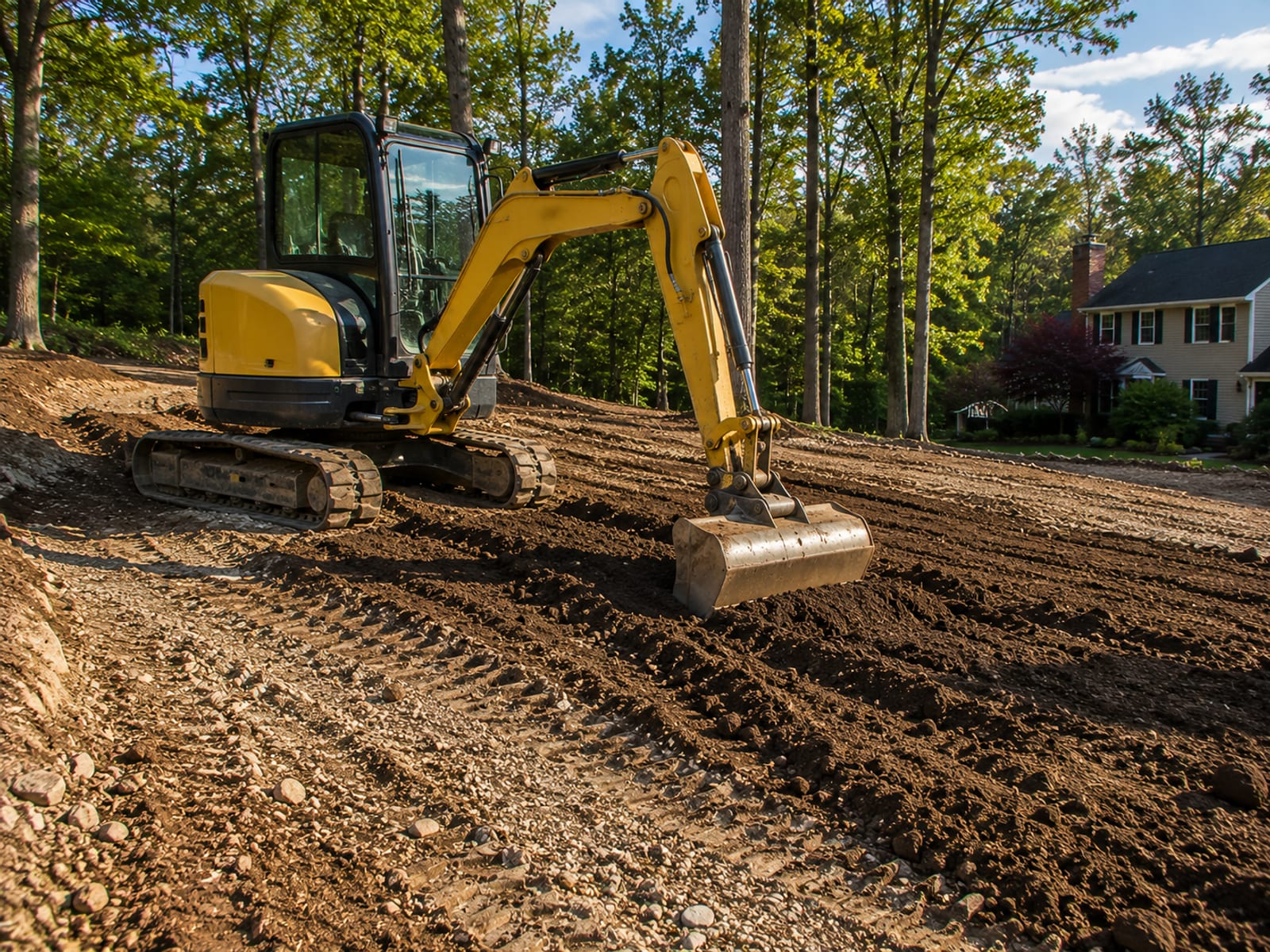 Compact yellow excavator grading and leveling a residential lot in Oxford CT with freshly moved native soil