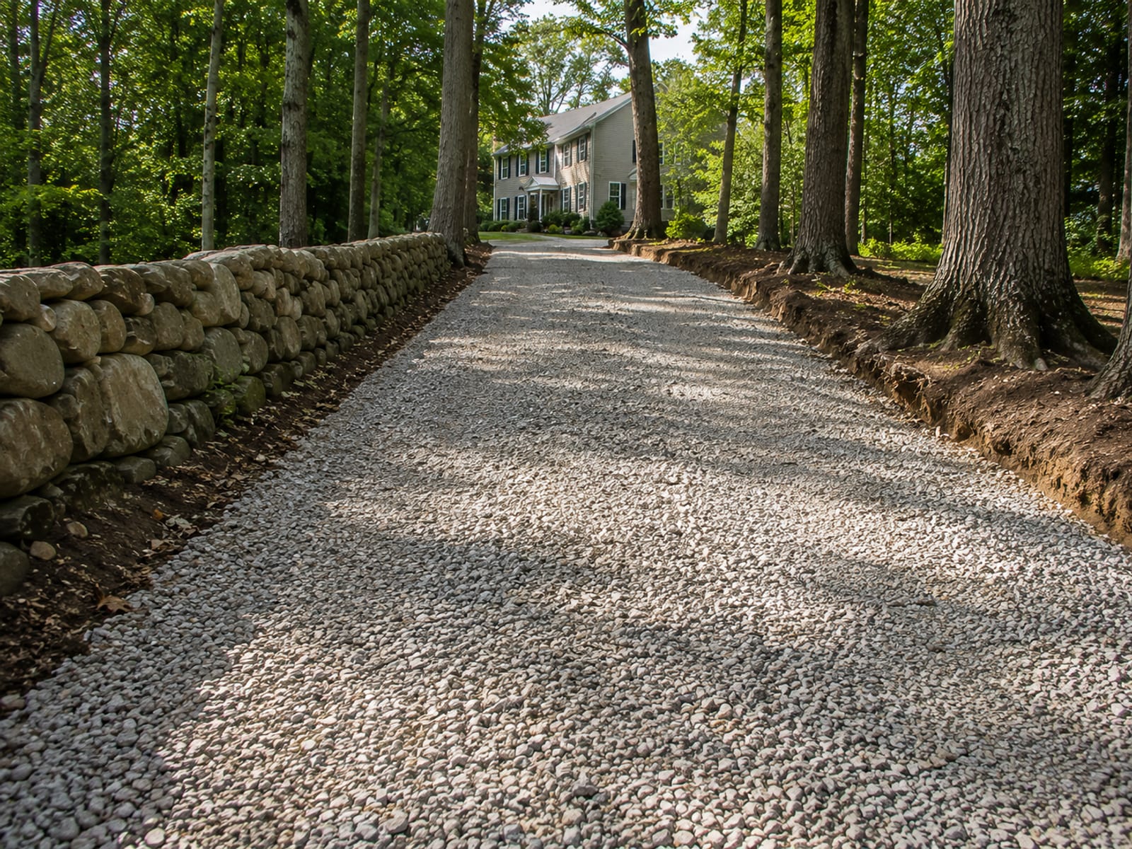 Freshly excavated and gravel-base prepared residential driveway in Oxford CT bordered by stone wall and mature trees