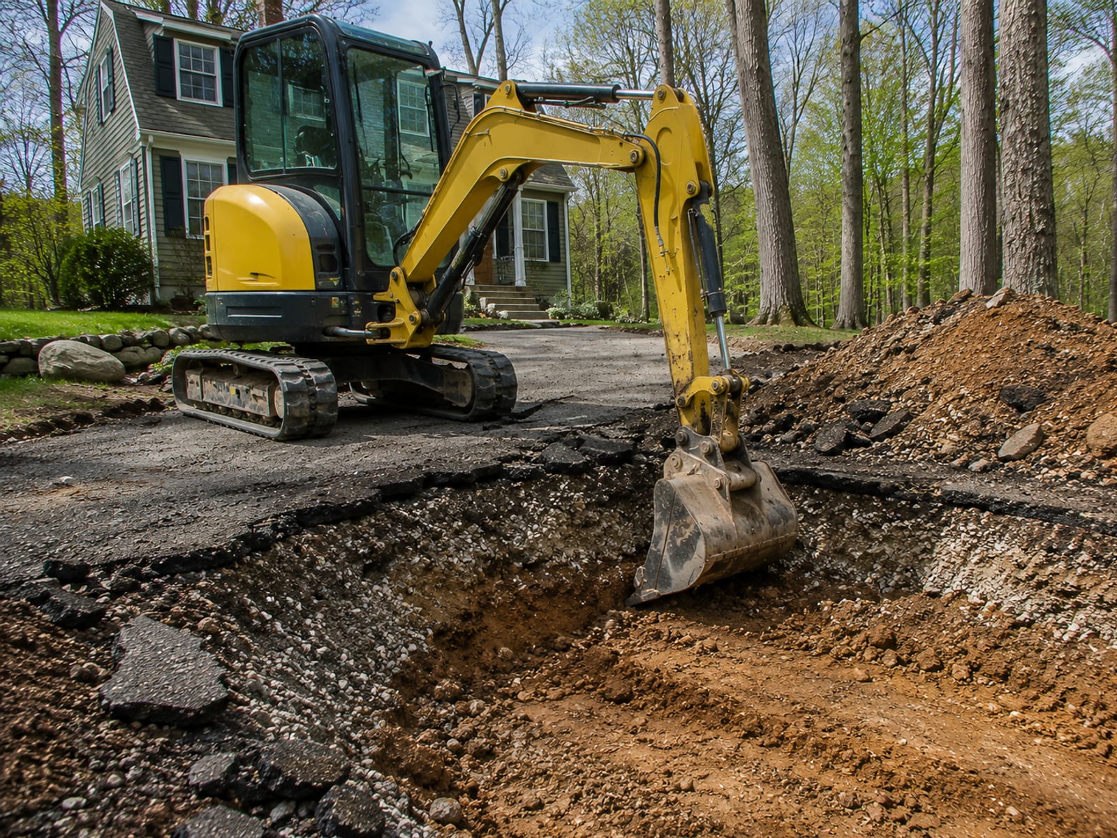 A compact yellow tracked excavator digging out old driveway material on a residential property in Connecticut, exposing native subgrade soil